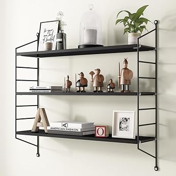 Wall Shelf, Wall-Mounted Shelf, No Drilling Required, Decorative Shelf, 3 Tiers, Width 23.6 inches 60 cm, Height Adjustable, Easy Installation, Won't Damage Walls, Wall Rack, Storage, DIY, Shelf