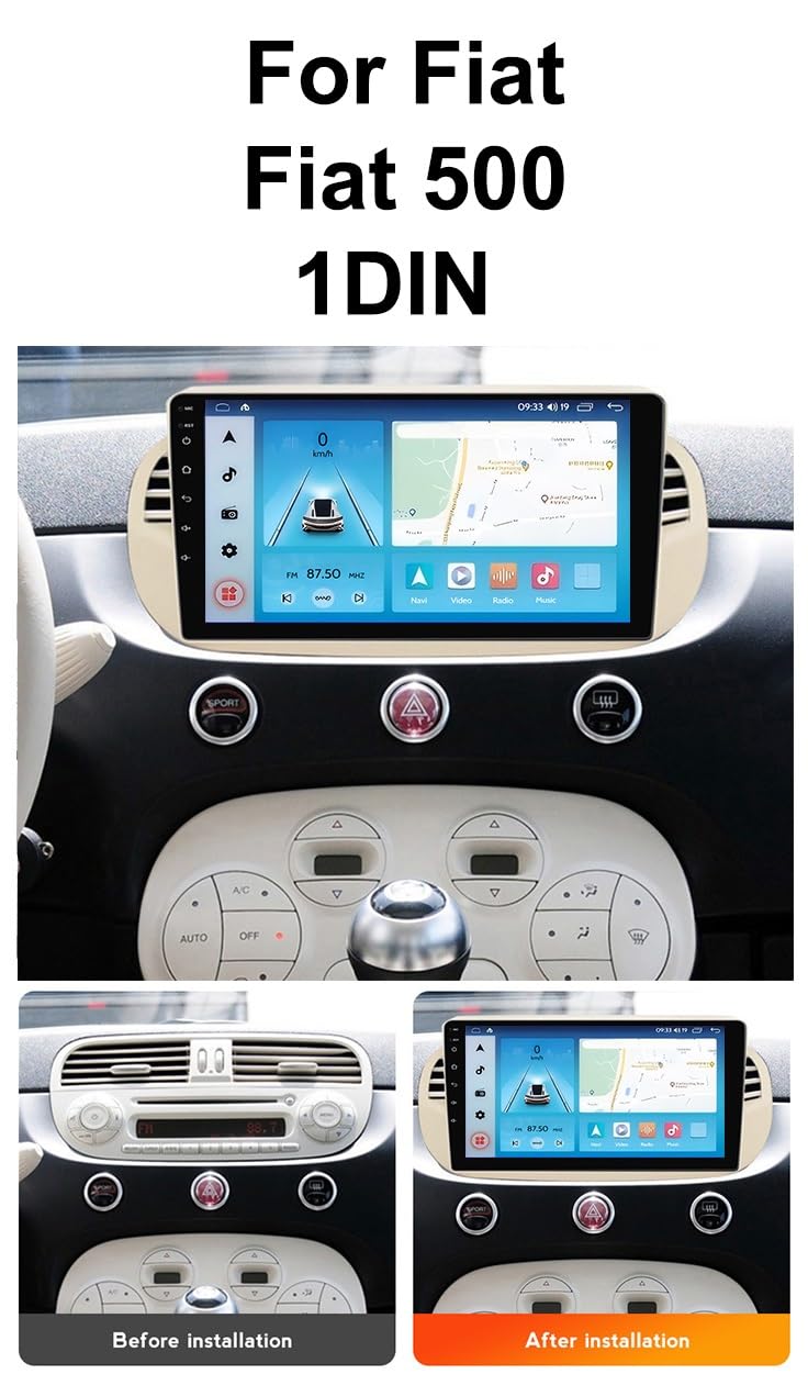 Radio Samochodowe Ekranem Dotykowym dla Fiat 500 1DIN Radio Samochodowe Multimedialne 9-Inch 4-core/CarPlay/Android Auto/Bluetooth/GPS/FM Radio/WIFI/SWC/Kamera Cofania 1024 * 600(Silver,X1)