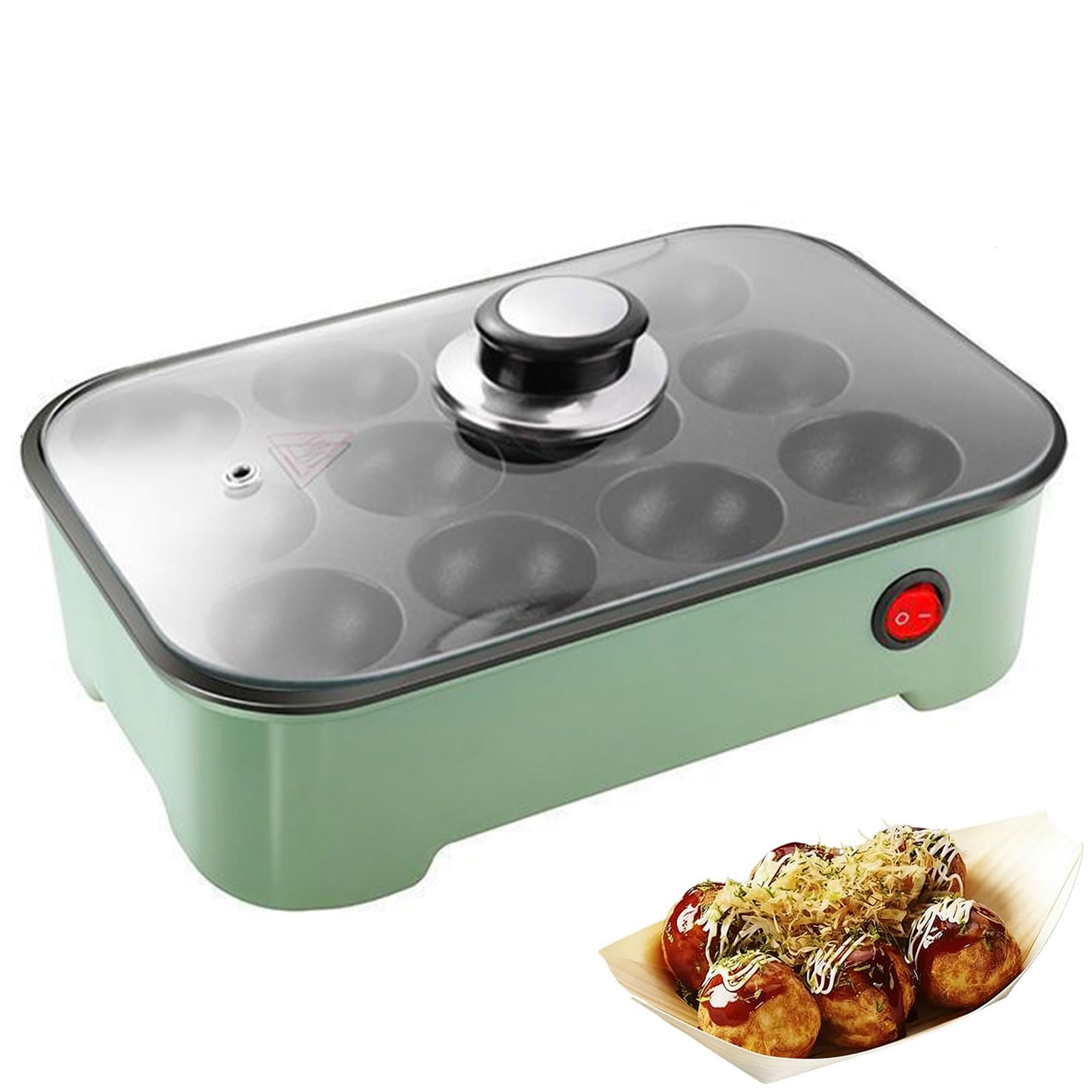 Eiwitany Black Mini Electric Takoyaki Maker with Lid, 12-Cavity Non-Stick Grill for Octopus Balls, Puffs & Pancakes, Household Kitchen (Green)