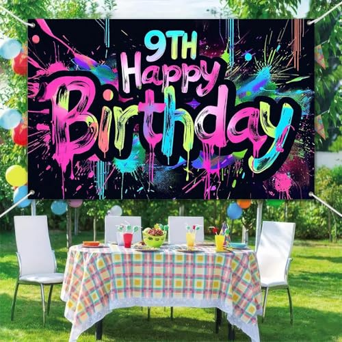 Image of HOMETITUTE Neon 9th Happy Birthday Banner 71x43 Inch Paint Splatter Glow in The Dark Party Backdrop Colorful Wall Decor for Kids Boys Girls Ninth Birthday Celebrations Photo Booth Props Event