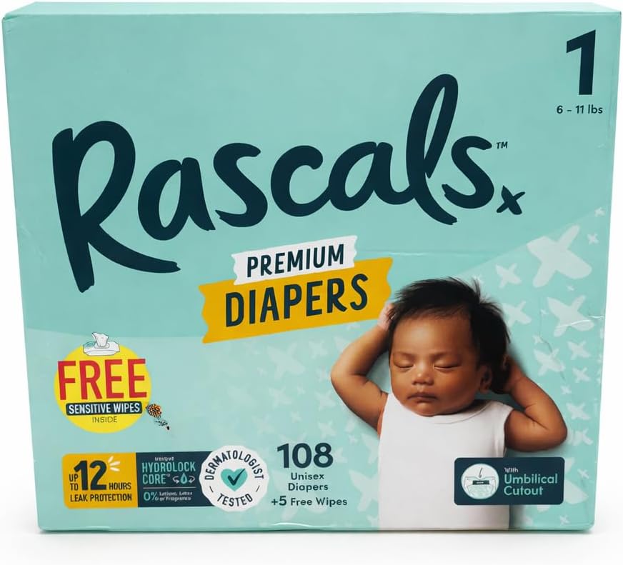 Rascals Premium Diapers, Size 1, 6-11 lbs, 108 Count, 12 Hours Leak Protection, Umbilical Cutout, Free Sensitive Wipes
