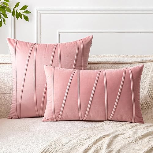 Miniatura 4 de Woaboy Paquete de 2 fundas de cojín de terciopelo, a rayas, modernas, decorativas, cuadradas, suaves, acogedoras, para cama, sofá, sala de estar,