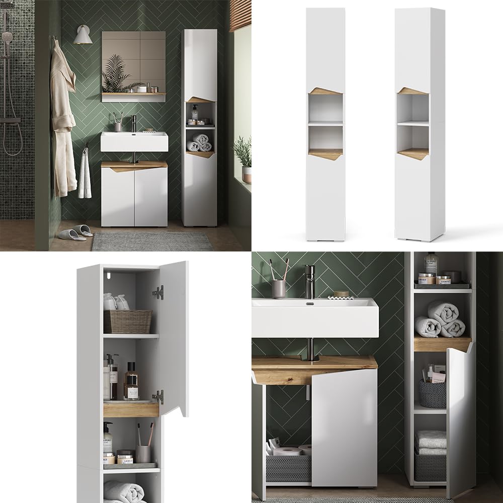 Vicco Armario de baño Marelle, Blanco/Artesano, 30 x 180 cm | con puertas y compartimentos abiertos, para guardar artículos de baño y toallas