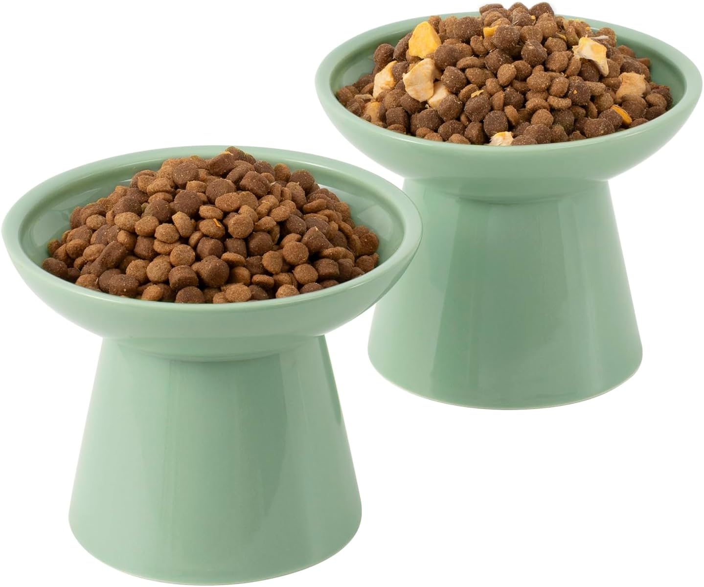 CEEFU Extra Wide Elevated Ceramic Cat Bowl, 6.2" Shallow Dish for Whisker Fatigue Relief, 5" Height for Easy Feeding, Durable Raised Cat Food Bowls, Pack of 2, Sage Green