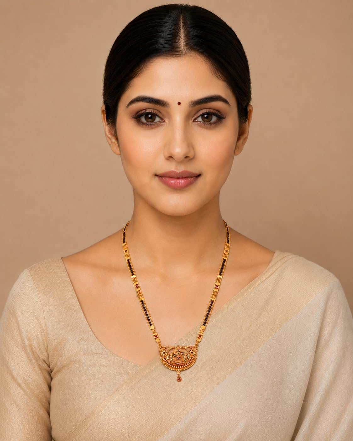 Jewar Mangalsutra South Indian Katori & Meena Work Religious Gold Plated Finish Simple Look Jewelry for Women (Geru-1)