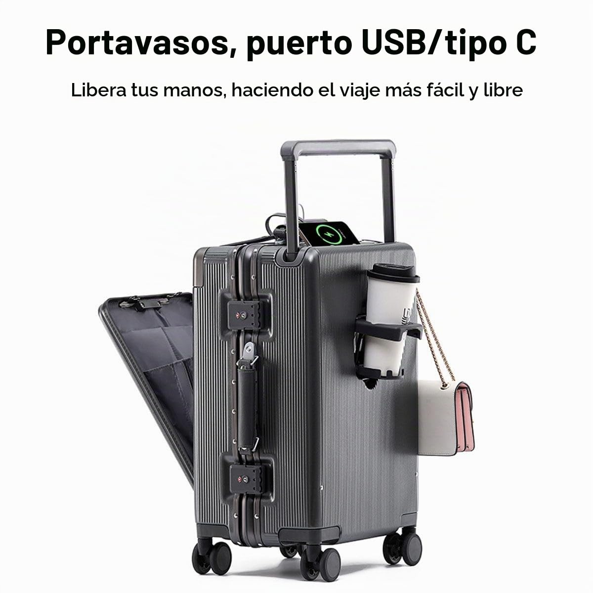 BEITH Maleta de Viaje Rígida, BS849-2 Marco de Aluminio Maleta, Portavasos Plegable, USB, Type-C, Abierto Desde el Frente, PC Maleta de Cabina, Cerradura TSA, 360° Silencioso, Tirante Ancho