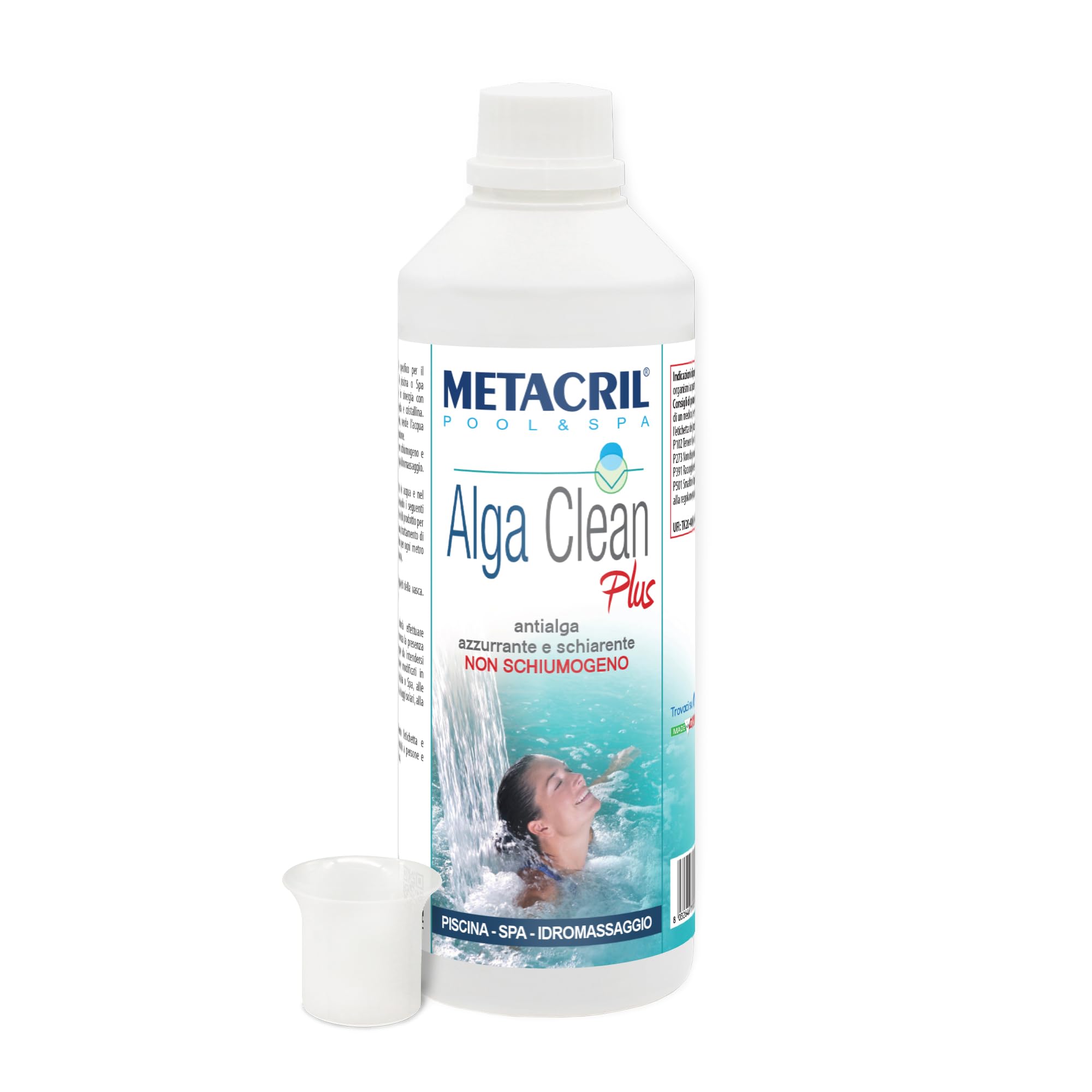 Metacril Alga Clean Plus + Gobelet doseur gradué, élimine Les algues, Non moussant, bleuissant et éclaircissant, pour piscines et spas d'hydromassage - 1 LT