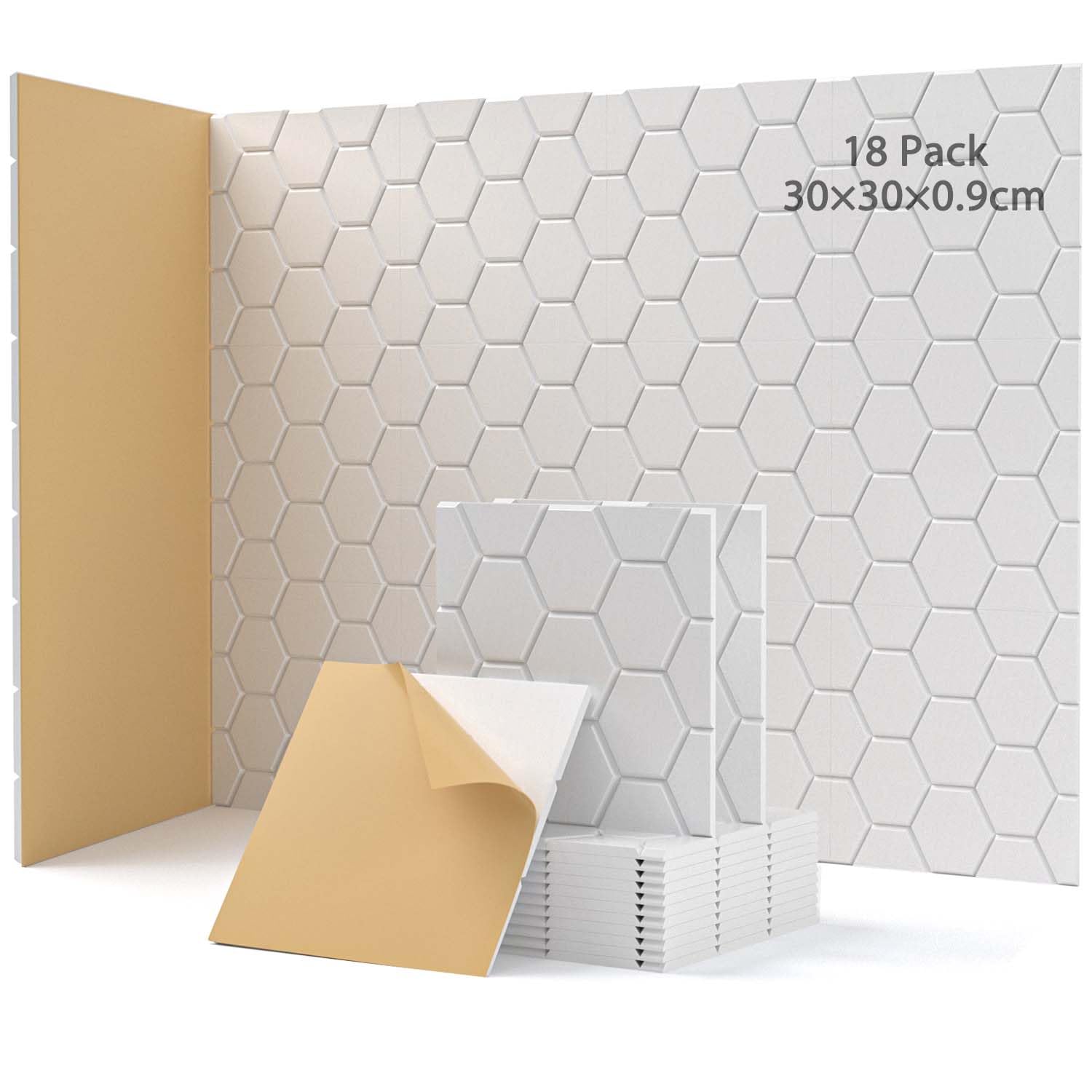 Lot de 18 panneaux acoustiques auto-adhésifs Absorbeur de bruit 30 x 30 x 0,9 cm Isolation acoustique Pour mur de porte Pour décoration de jeu, bureaux, studios, disques acoustiques - Blanc