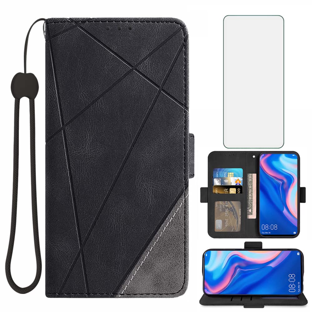 AsuwishCompatible with Huawei Y9 Prime 2019/Honor 9X/P Smart Z Wallet Case and Tempered Glass Screen Protector Leather Flip Cover Card Holder Cell Phone Cases for Hawaii Enjoy 10 Plus Women Men Black