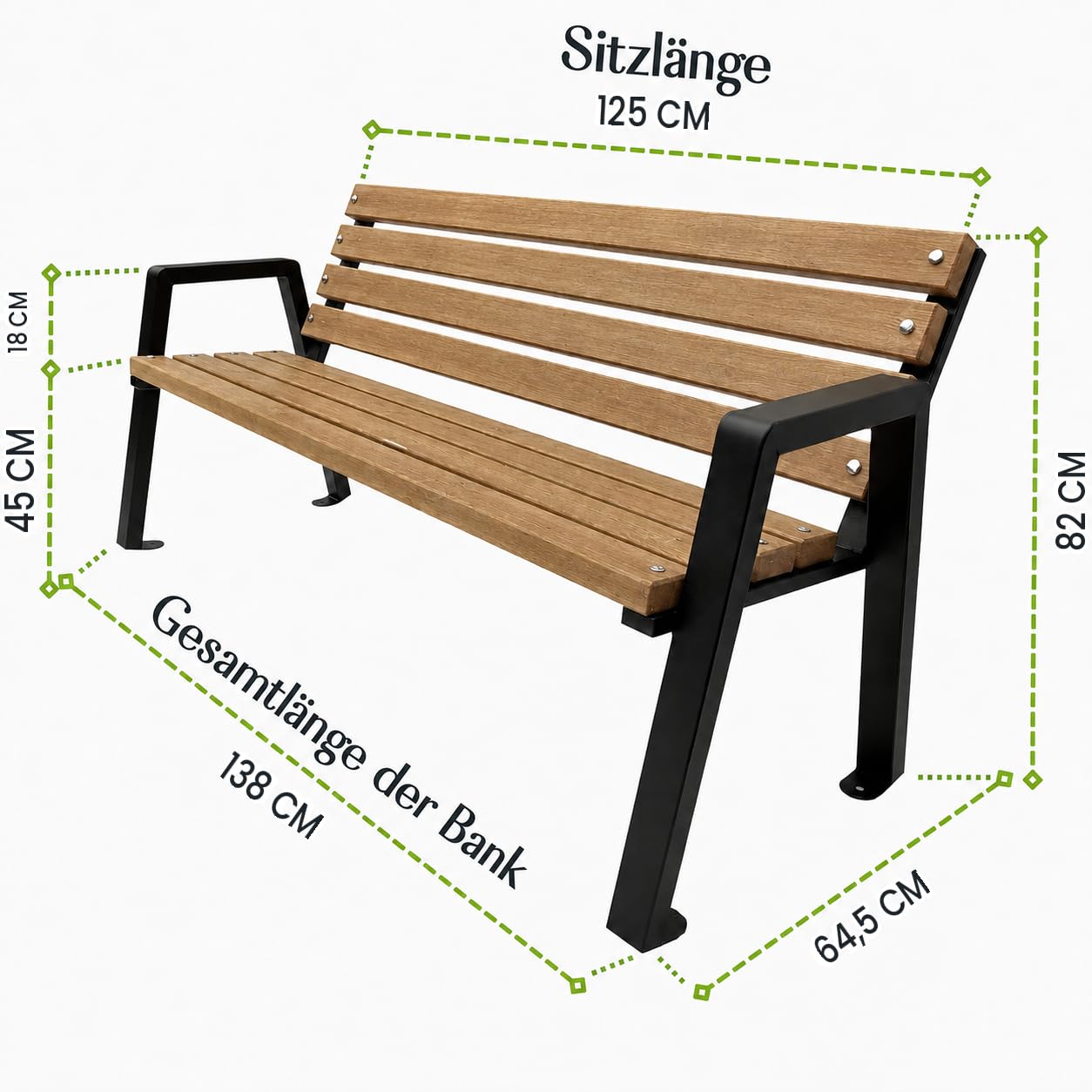 Gartenbank Holz mit Rückenlehne, 125 cm - Tik | Massives Fichtenholz & pulverbeschichteter Stahl, bis 500 kg, wetterfest, Sitzbank für Garten, Terrasse & Park, Moderno
