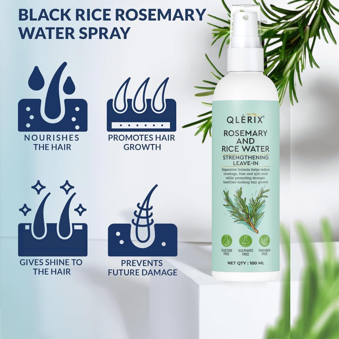 QLERIX Rosemary and Rice Water Spray for Hair Growth, Hairfall Control, Hair Thickness, Hair Strengthening & Hair Shine Leave-in Spray, Natural Ingredients, 100ml, For Men & Women All Hair Types (Pack of 5, Rosemary) 3