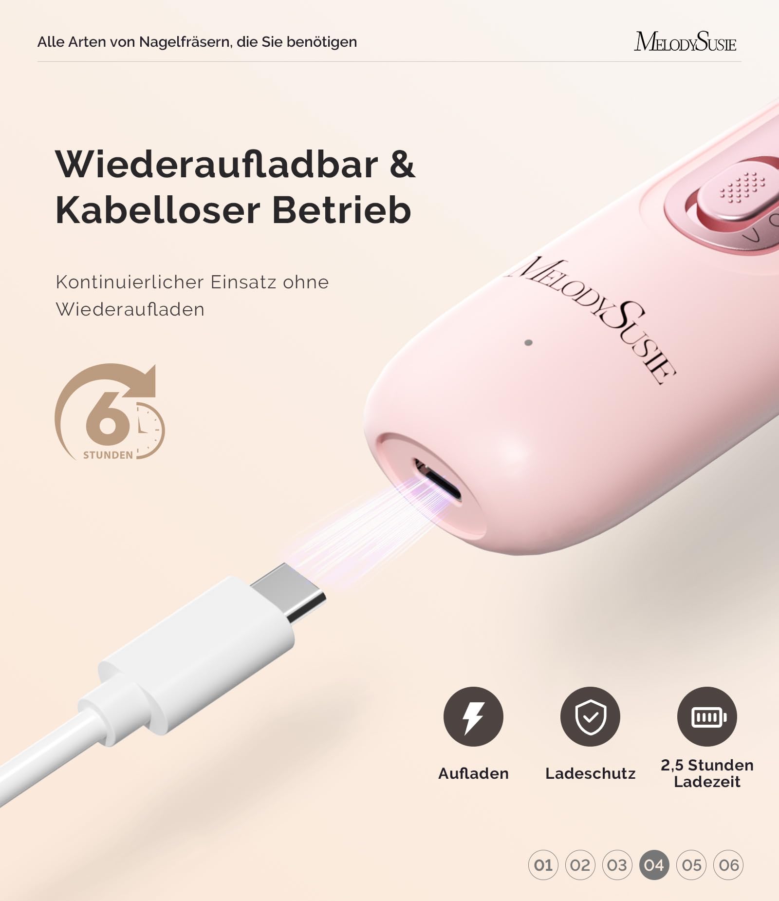 MelodySusie Professionelles Pediküre Set, PC760G 8 in 1 Elektrischer Nagelfräser mit 5 Geschwindigkeiten, Wiederaufladbare Kabellose E-Feile mit 360° LED Licht, Hand/Fußpflege Polish Tools (A-Rosa)
