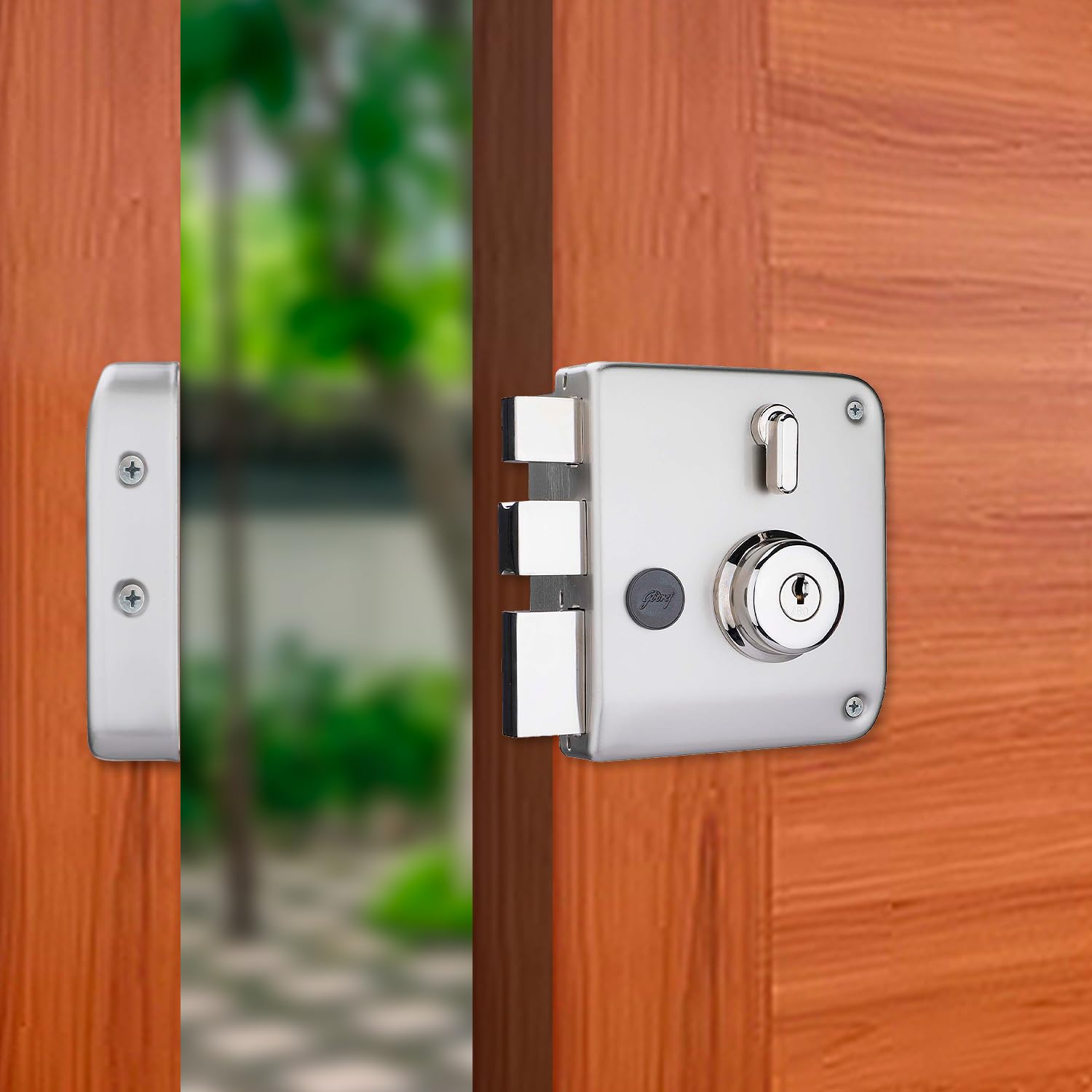 Godrej Rim Lock l Tribolt Ultra XL+ l 2 C Deadbolt l for Inside Opening Wooden Main Door l Left/Right-Handed Doors l 4 Keys l 5-Year Warranty l Manual Locking l Satin Nickel Finish