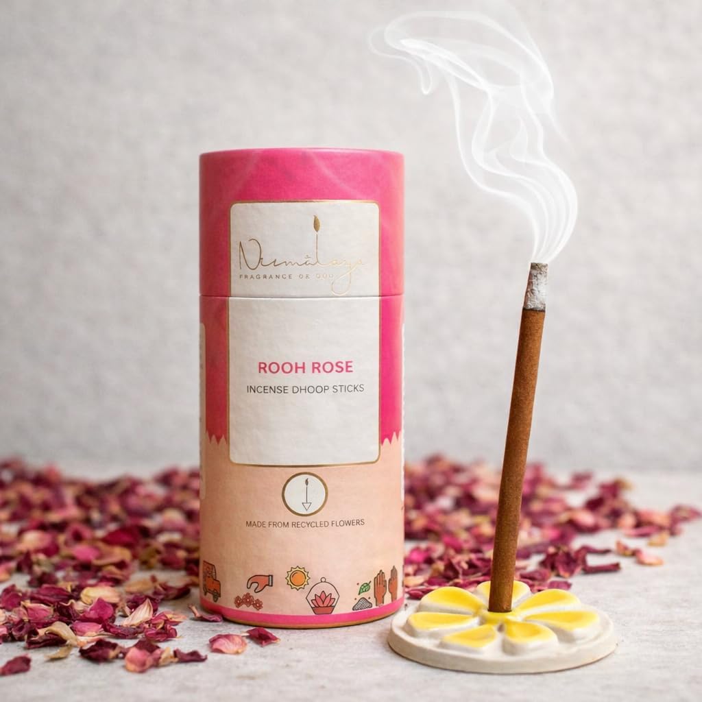 Nirmalaya 100% Natural Rooh Rose Dhoop Sticks for Pooja 40 Sticks | Bamboo Less Dhoop Sticks for Home/Office | Dhup for Puja with Holder Stand | Best for Long Lasting Fragrances