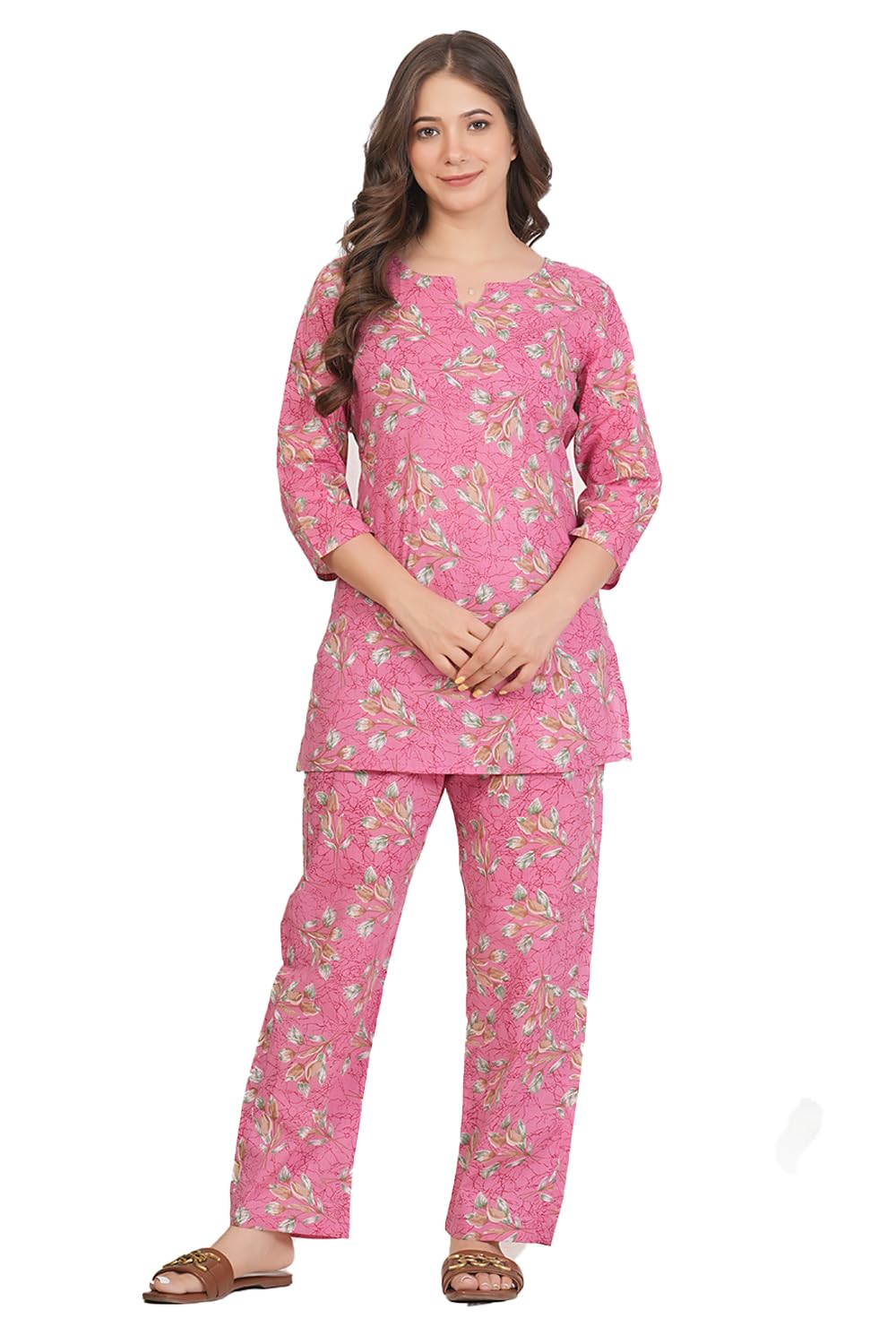monique Moniique Brand Women's Cotton Floral Printed 3/4 Sleeve Top and Pajama Pants Regular Fit Night Suit Top and Pyjama Set Ladies Night Dress-picture-2