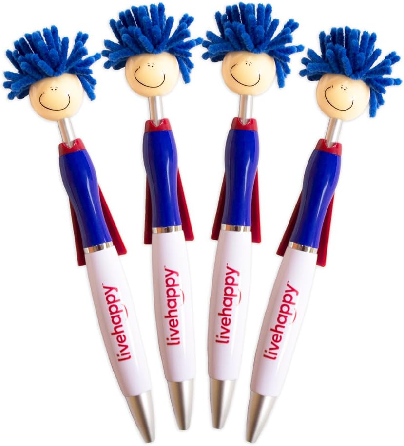 Live Happy Mop Topper Screen Cleaner Pens - Fun Pens For Kids and Adults (4-Pack of Pens with Black Ink) (Superhero Red, White and Blue)