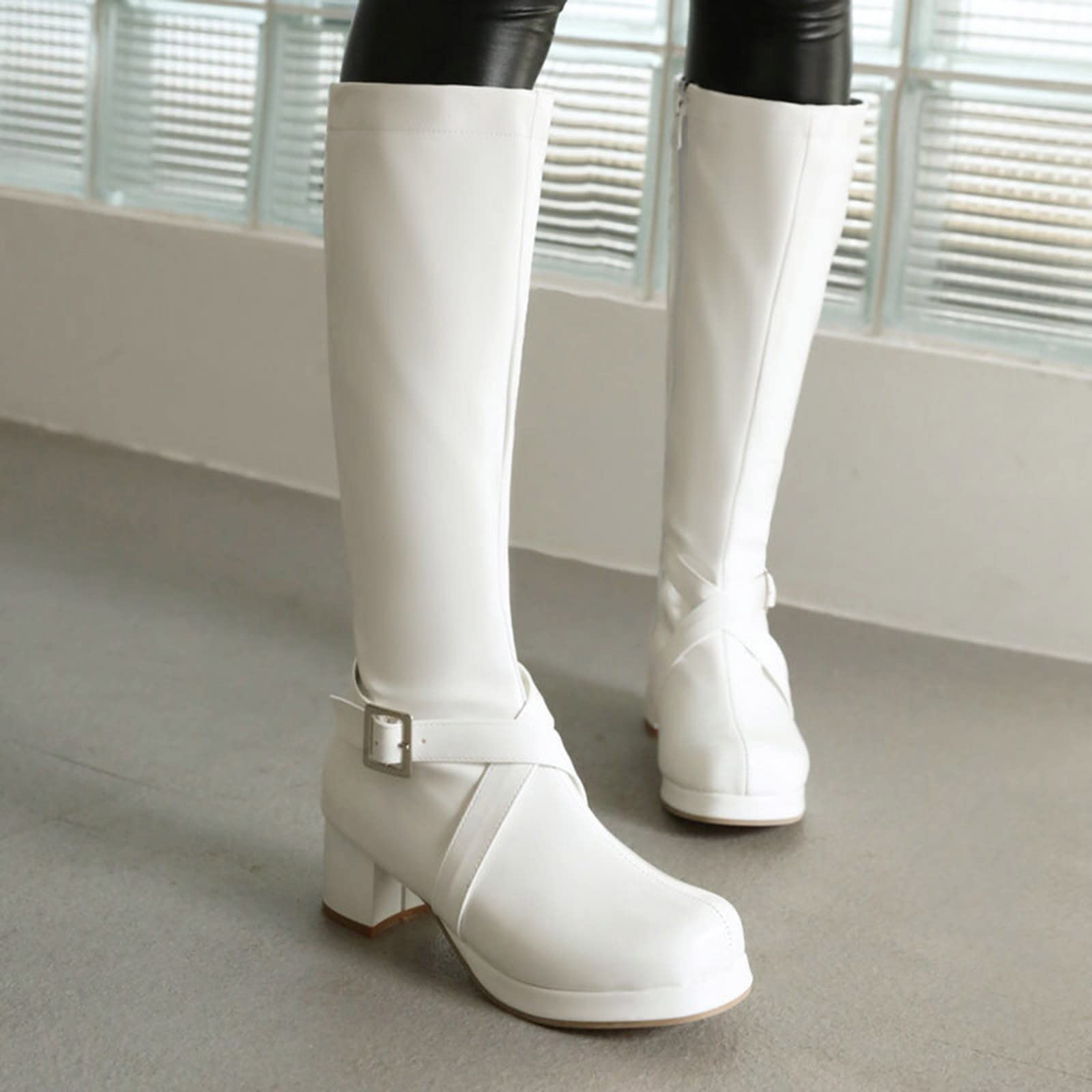 Botas de pantorrilla media para mujer e invierno Hebilla de color sólido de moda Cremallera lateral Cómodo tacón grueso Zapatos de tacón cuadrado Zapatillas de deporte para mujer, Blanco, 39 EU