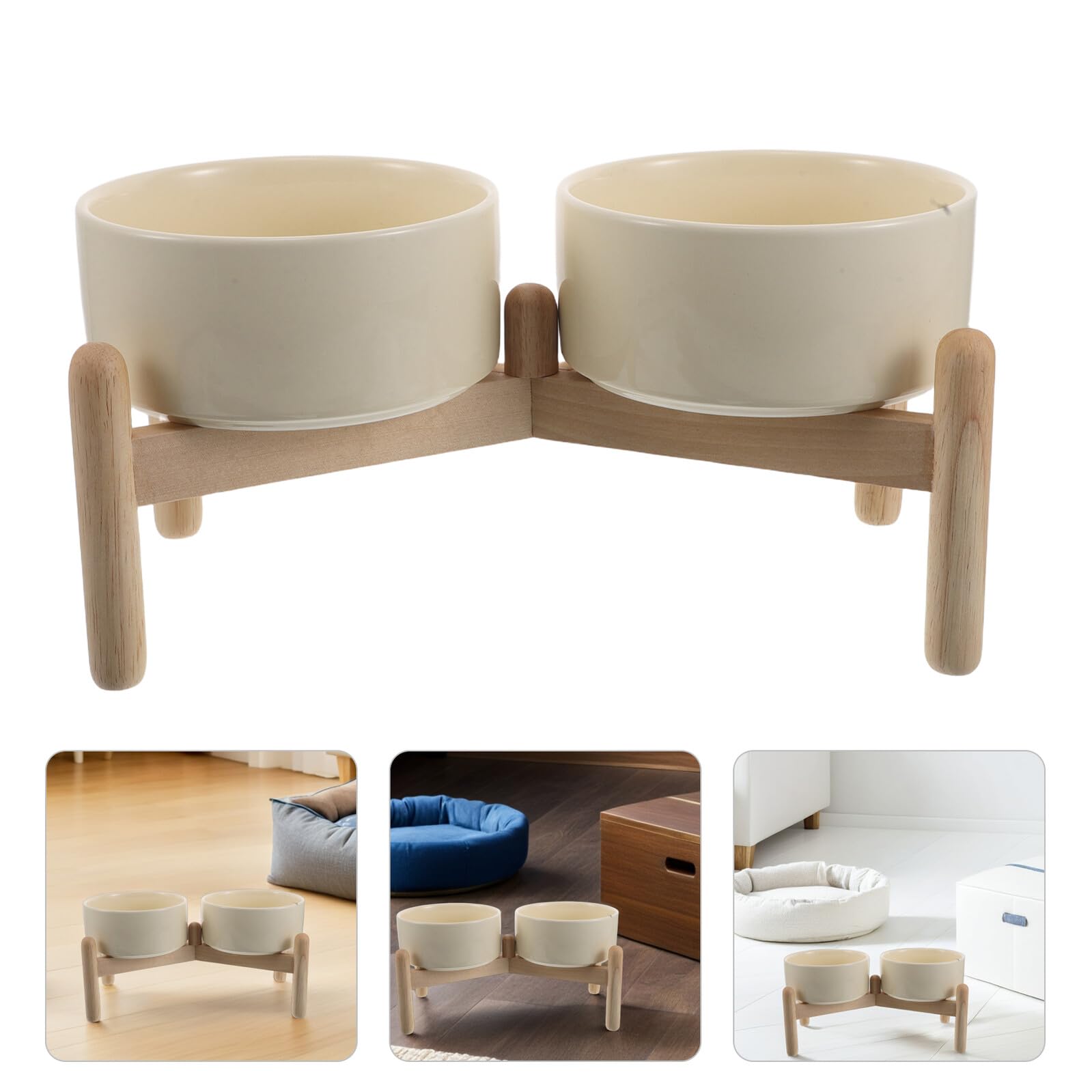 Comedero Doble Elevado para Perros y Gatos con Soporte de Madera Antideslizante, Cuencos de Cerámica Beige de 15,5 CM y 850 Ml, Adecuado para Mascotas Pequeñas y Alimentación