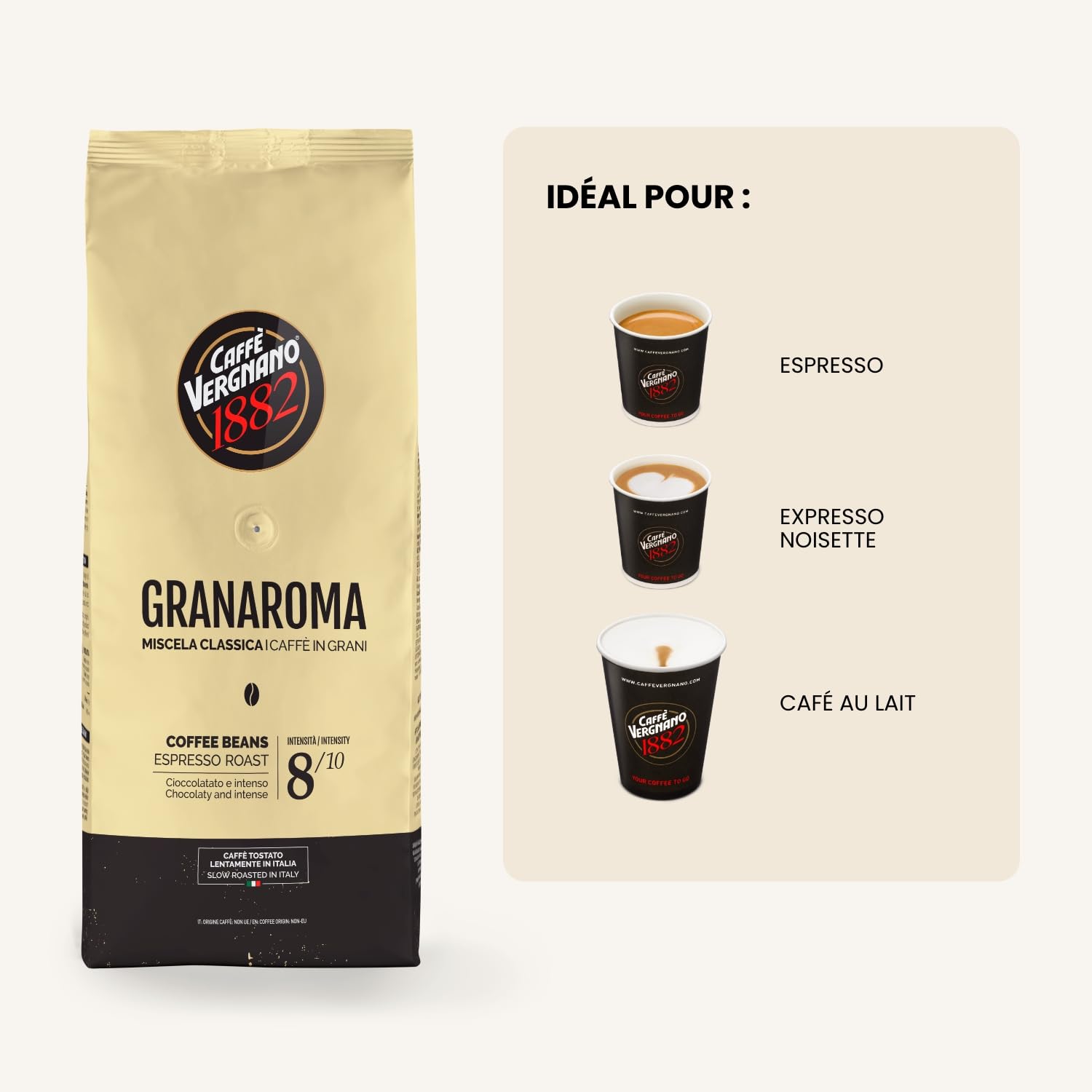 Caffè Vergnano 1882 Grains de café Granaroma - 1 kg (1 paquet)