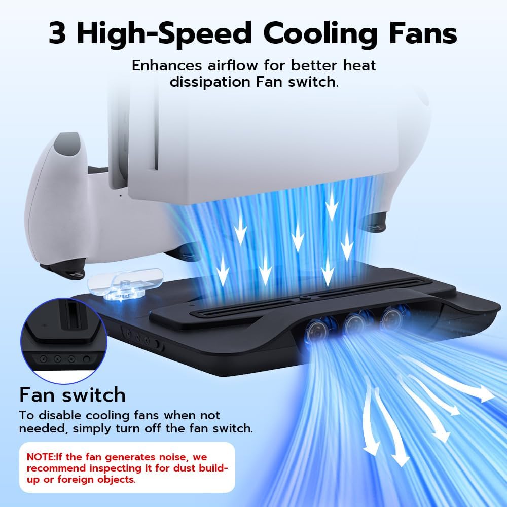 Mcbazel Cooling Fan and Dual Controller Charger Station for PS5 Console, Cooler Station and Charging Dock with Extra USB Ports for PlayStation 5 UHD and Digital Edition - Black(NOT for PS5 Slim/Pro) - Image 5