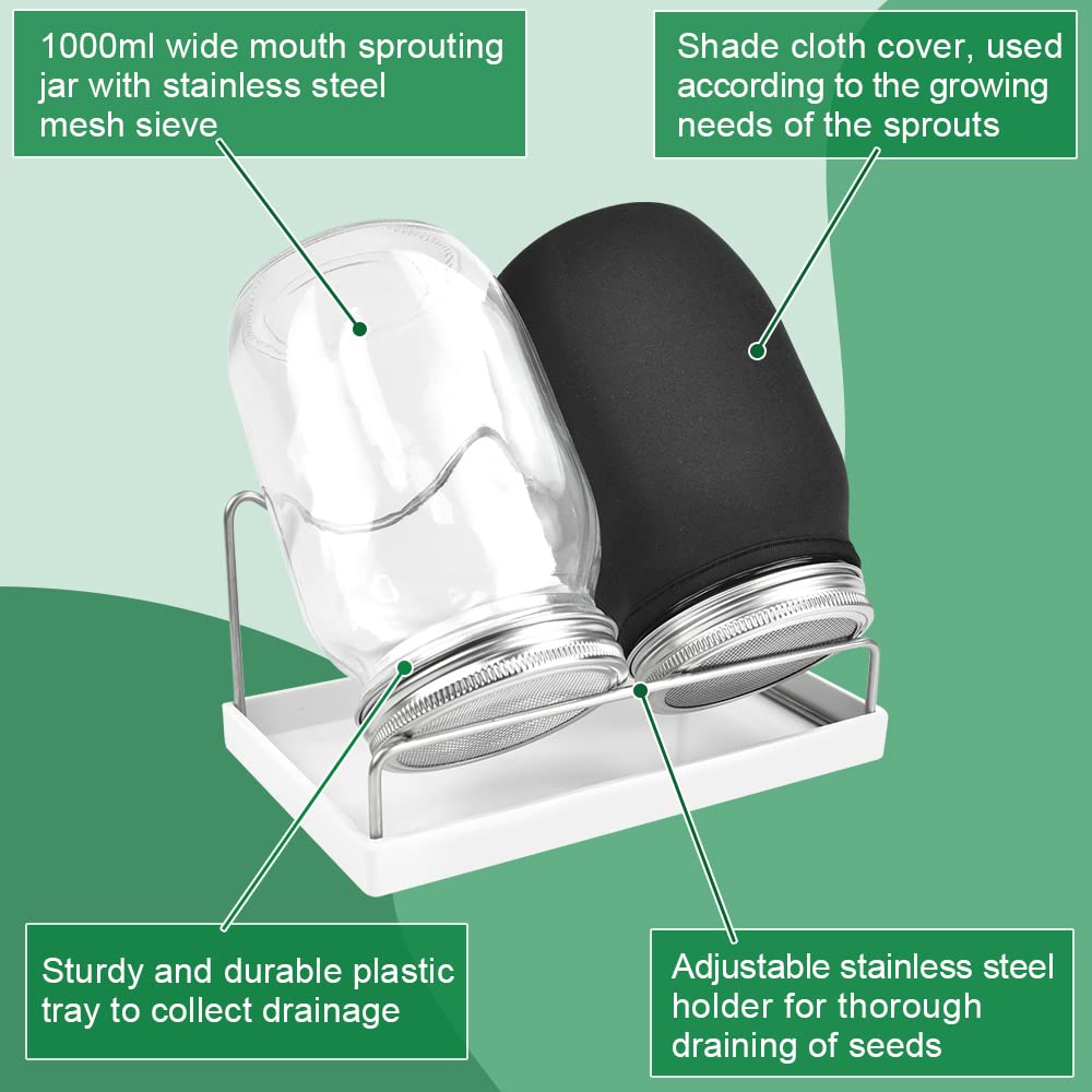 REFORUNG Germogliatore Barattolo Vetro Germogli in Vaso di Vetro da 1000ml Vasetti per Germogli in Vetro con Coperchio a Griglia Copertina in Tessuto e Supporto per Broccoli,Germ,Semi Biologici