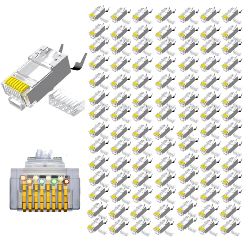 RJ45 connector, 100 pack CAT.5E, Cat6, CAT.7 shielded perforated Ethernet cable crimping connector network plug, suitable for solid wire and standard cable, transparent (CAT.7 shield perforation)