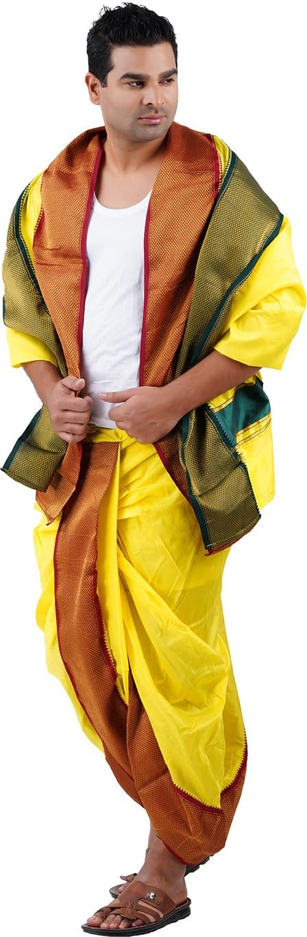 Prakasam Cotton Mens Asha Silk Panchakacham Ready To Wear Dhoti Towel Set With Pocket/Panchakacham Dhoti With Angavastram (Stitched Dhoti With Pocket