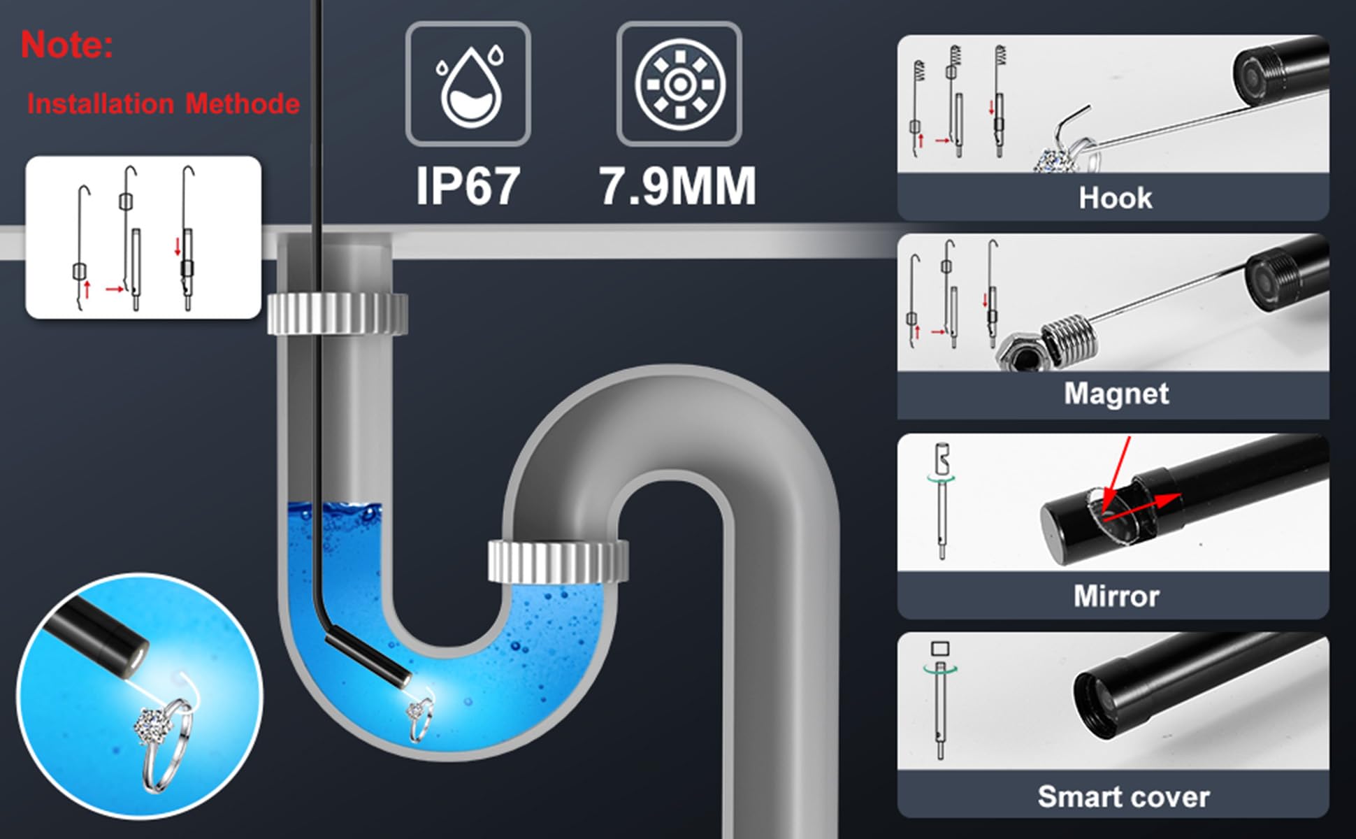 Cámara endoscópica con luz, boroscopio HD 1920P, 8 luces LED ajustables, IP67 impermeable 16.4 pies, inspección de cable semirrígido para Android, iOS