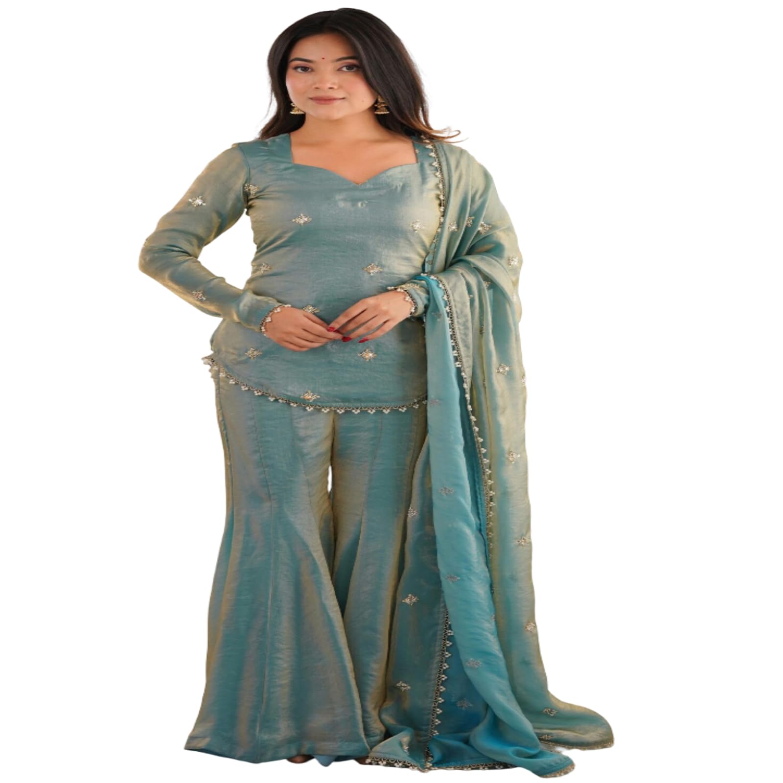 Women's Fancy Satin Embroidered Kurta Sharara Set with Dupatta | Party Ethnic Suit | Traditional Designer Outfit-picture-20