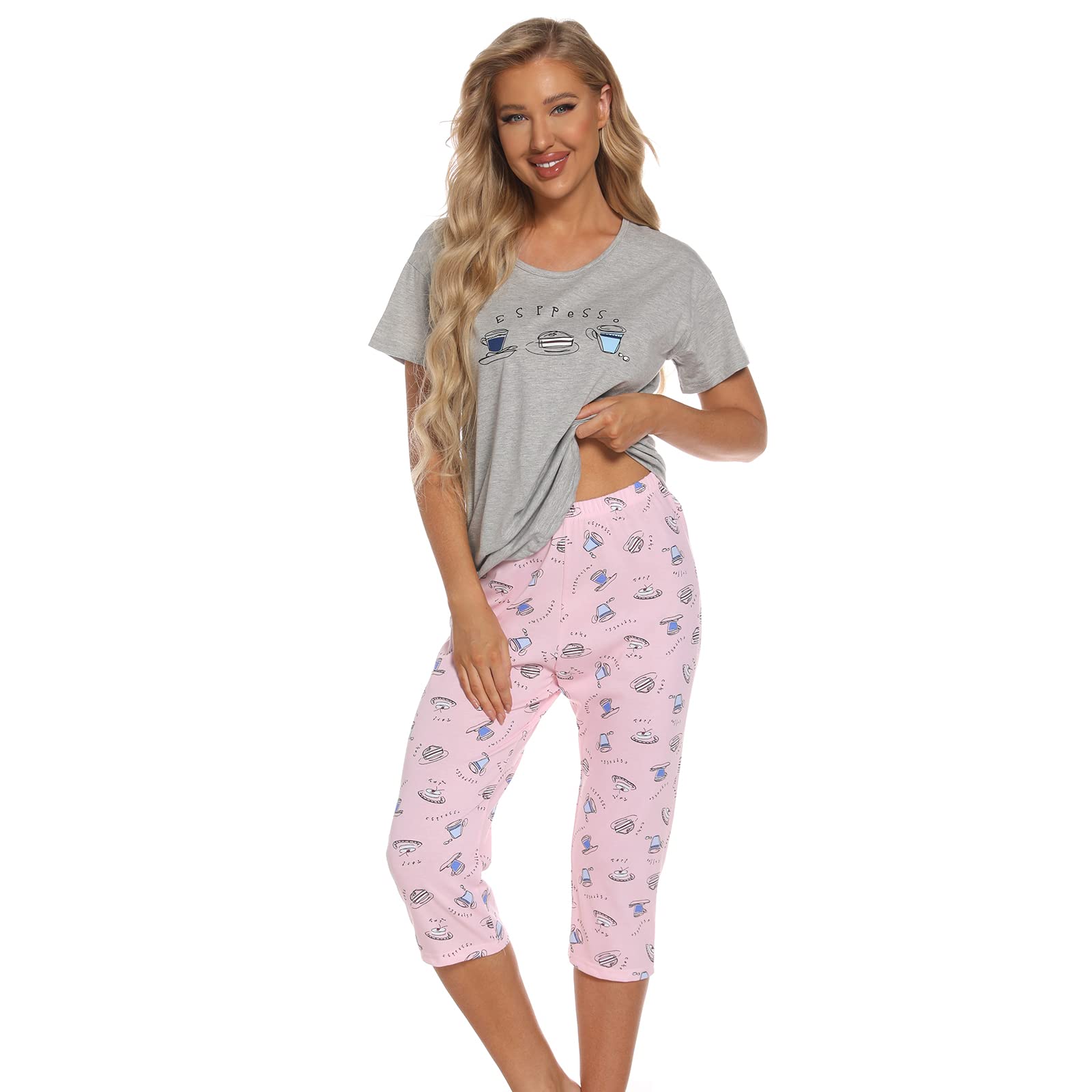 Set Pigiama Donna Estivo Pigiama Cotone Maniche Corte e Pantaloni Cropped Indumenti da Notte per Casa