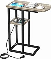 Vista 9 de Mesa auxiliar de mesa C con estación de carga, mesa auxiliar en forma de C para sala de estar, dormitorio, mesa para computadora portátil