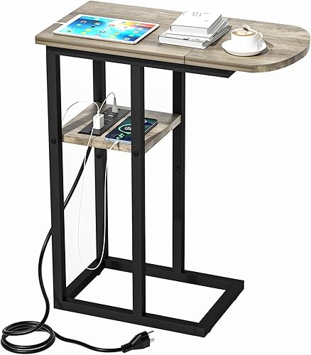 Mesa auxiliar de mesa C con estación de carga, mesa auxiliar en forma de C para sala de estar, dormitorio, mesa para computadora portátil con