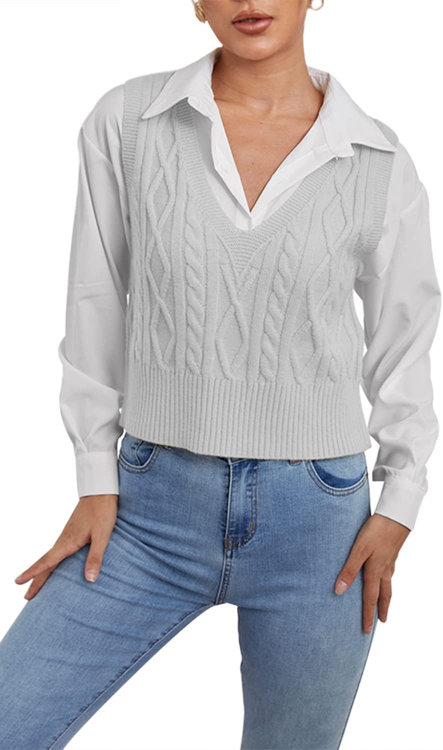 Aoysky Sweater Vest Women's V-Neck Sweater Tank Tops Pullover Cable Knit Vest Solid Color Sleeveless Loose Fit Sweater Top - Image 2