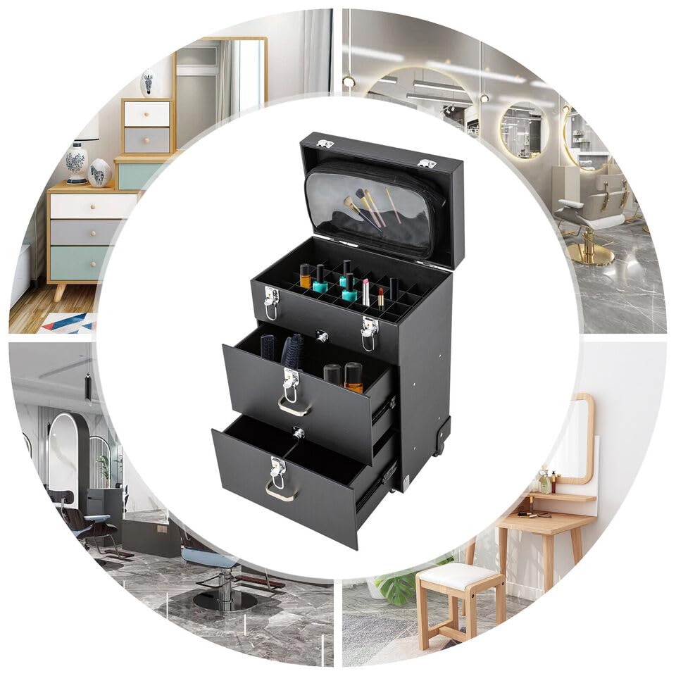 Professional 3 in 1 Rolling Makeup Case Cosmetology Case on Wheels 2 Large Drawer Nail Case Trolley Traveling Cosmetic Train Case with Makeup Pouch for Artists Nail Technician Salon Cart Trunk Black