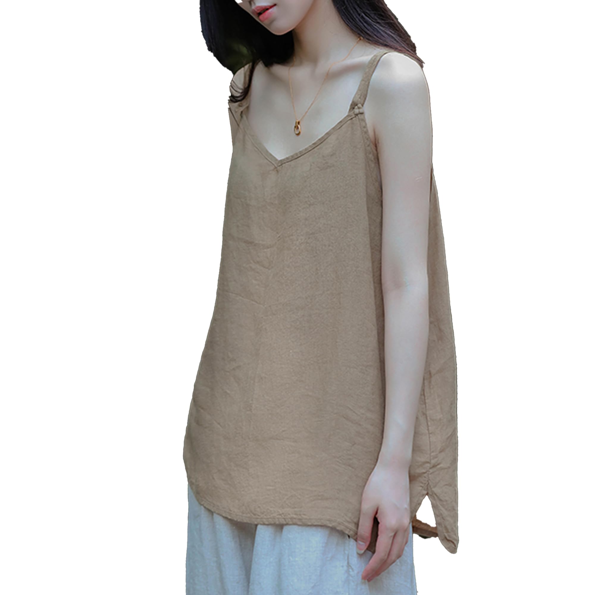 100% Linen Tank Top for Women - Adjustable Strap Camisole V-Neck Sleeveless Cami Shirt Loose Fit Summer Top