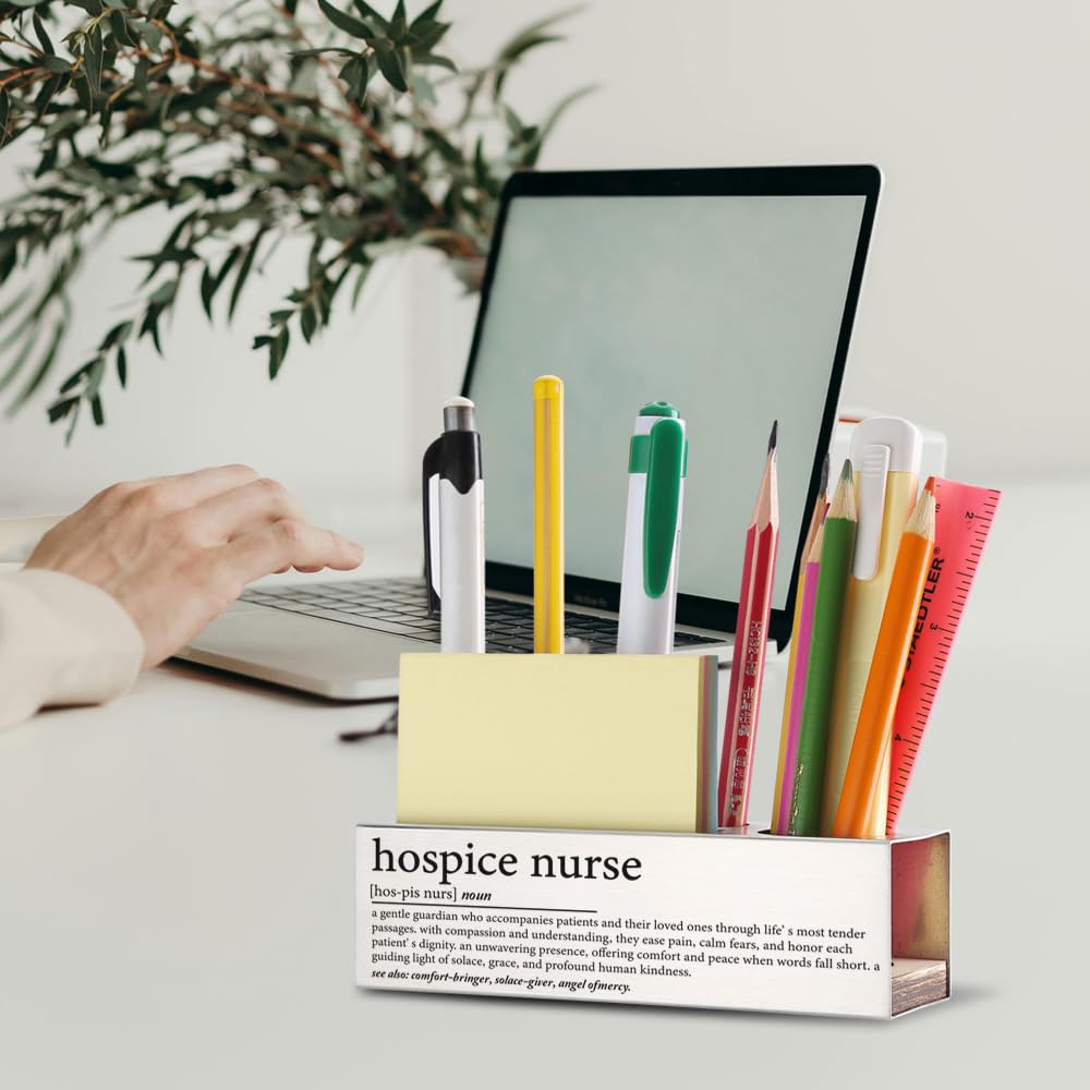THRXOBN Elegante accesorio de escritorio para enfermeras de hospicio, regalo de agradecimiento para cuidadores compasivos, decoración de oficina con cita motivacional, soporte para bolígrafo de acero