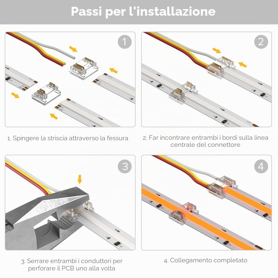 SEZO Set di connettori LED FCOB RGB IC a 3 pin 12 mm 24 pezzi trasparenti senza saldatura piastra a bordo connettore di cavo + 8 cavi di prolunga lunghi 15 cm 22 AWG