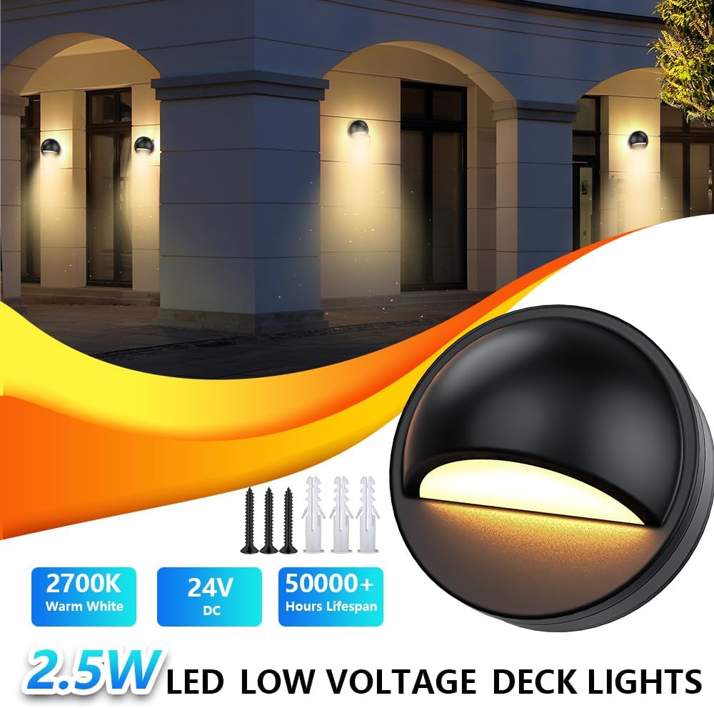 SQEDT Low Voltage Warm White Deck Lights with Transformer Photocell Sensor Dimmable and Timer IP67 Waterproof Fence Lights for Outdoor Garden Patio Landscape Holiday Decoration Lighting 6Packs