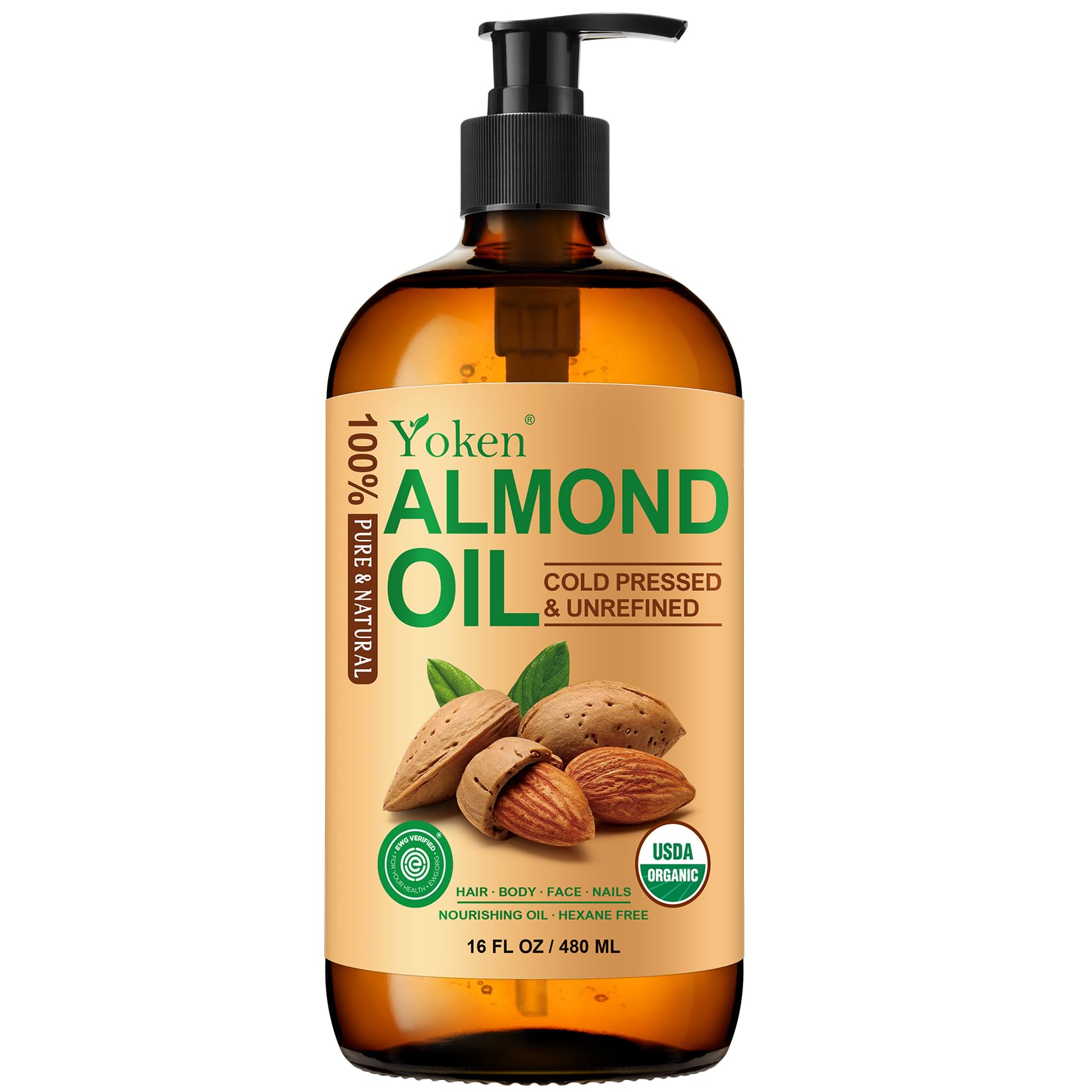 Organic Almond Oil 16 fl oz, USDA 100% Pure Cold Pressed Almond Oils in Glass Bottle, Natural Moisturizer for Face, Hair & Body, Ideal Carrier Oil for Skin Care, DIY Beauty & Soothing Massage 16 Fl Oz (Pack of 1)