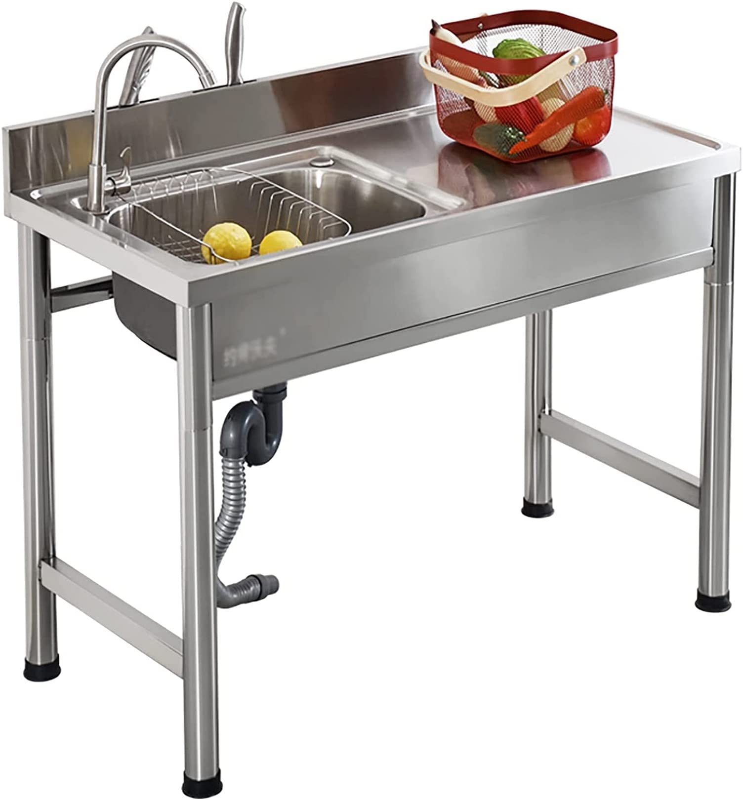 DZHTF Commercial Kitchen Home Sink, All-in-One Small Commercial/Home Sink Stainless Steel Free Standing Utility Home Sink, All-in-One Small Commercial/Home Sink Single Bowl for Garage, Restaurant,