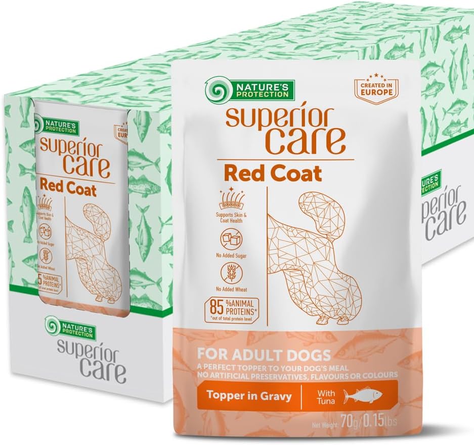 Nature's Protection Wet Dog Food Pouches for Small & Large Breed - High Protein, 24-Pack Soft Dog Food Toppers for Adult Red Fur Dogs (Superior Care - Tuna Fish, 2.46-oz)