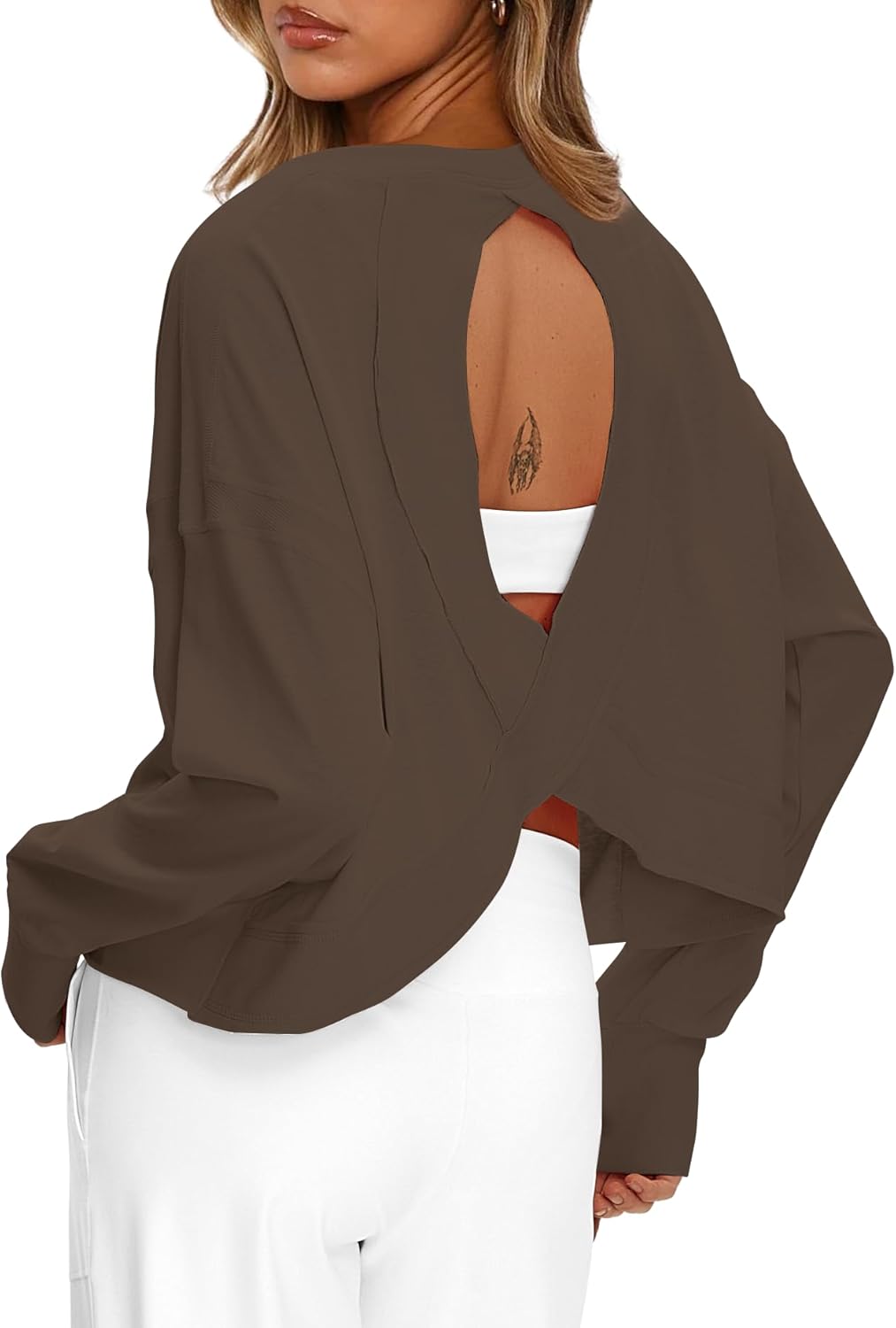 Darong Women's Open Back Workout Top Oversized Athletic Shirt Long Sleeve Crop Top with Thumb Holes - Image 4