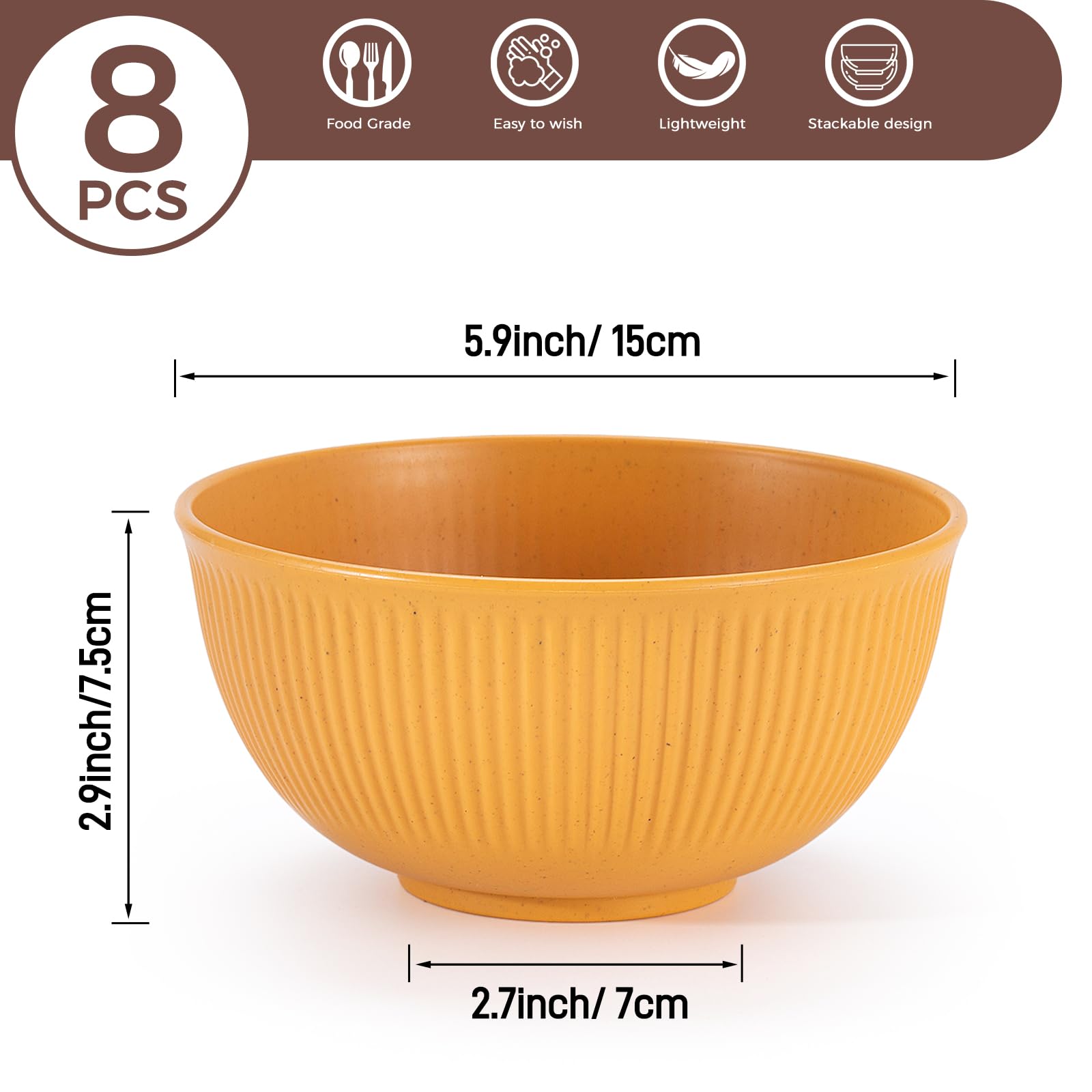 Osrioal Set of 8 Unbreakable Cereal Bowls, Lightweight Plastic Bowls, Reusable Camping Bowl for Breakfast Rice, Noodle, Salad - Image 2