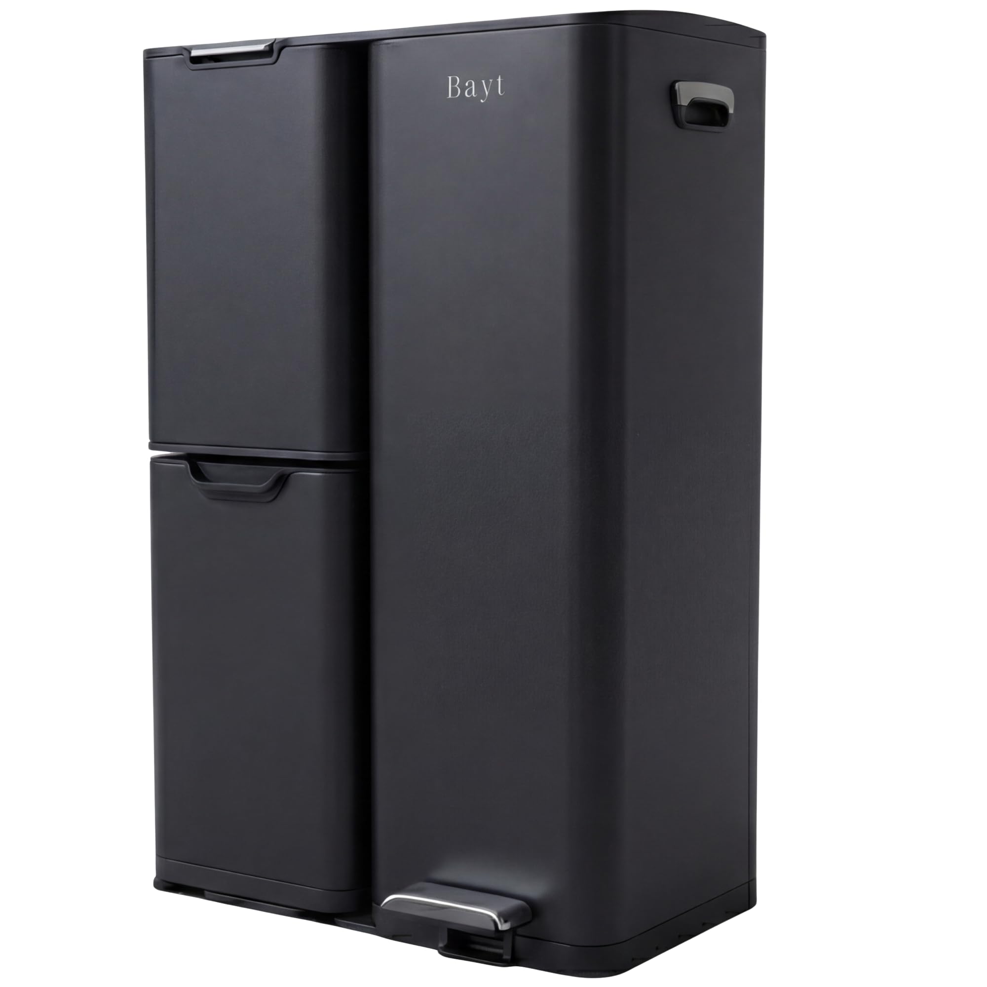 Bayt Cubo Basura - Cubo de Basura Cocina con 3 compartimentos (13+17+30L), Papelera con Separación Inteligente de Residuos, Acero Inoxidable, Total 60 Litros, Negro