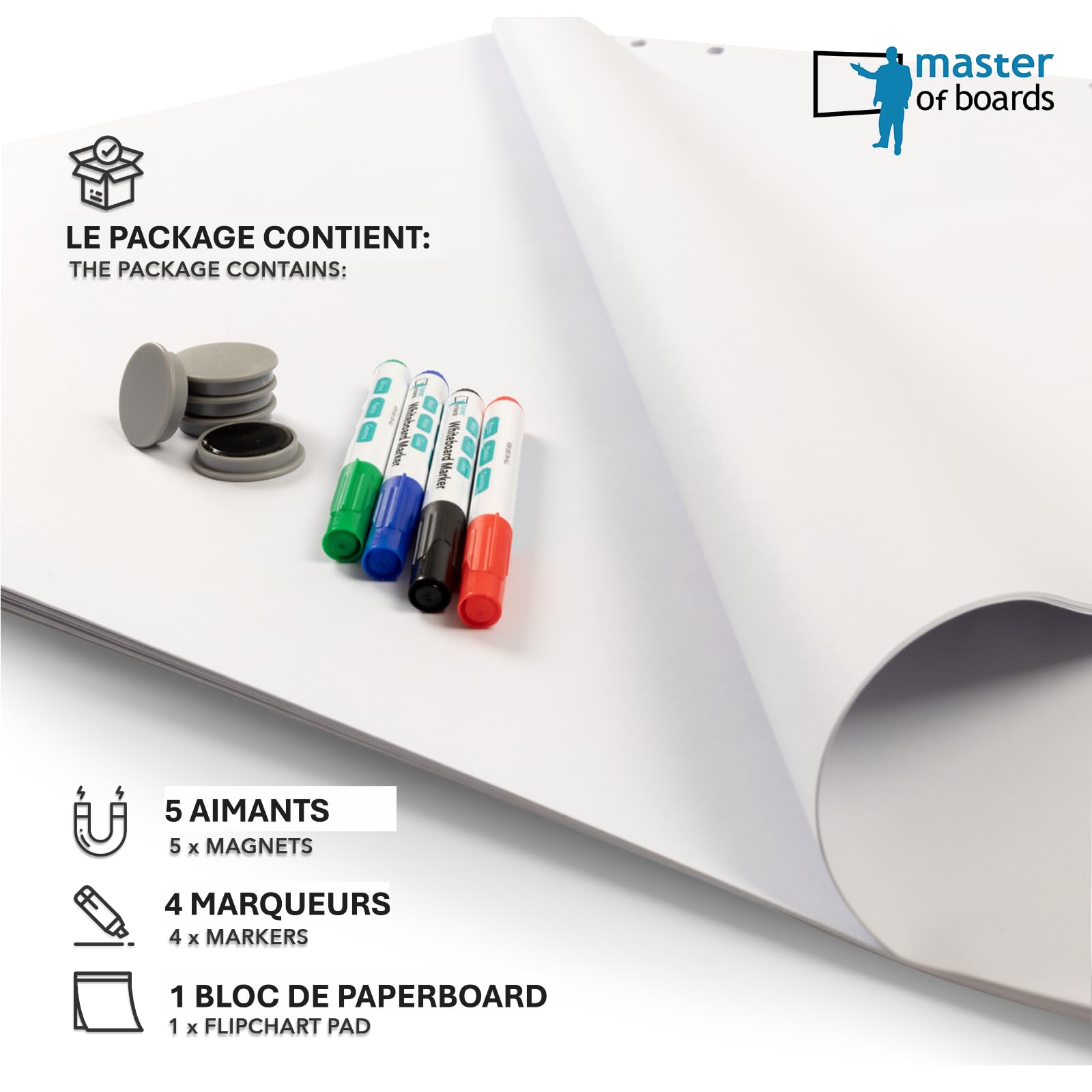 Master of Boards Set di accessori di carta a flipchart – Blocco di carta bianco con 20 fogli, 4 pennarelli, 5 magneti – Dotazione di base per lavagna a fogli mobili per ufficio, scuola o casa