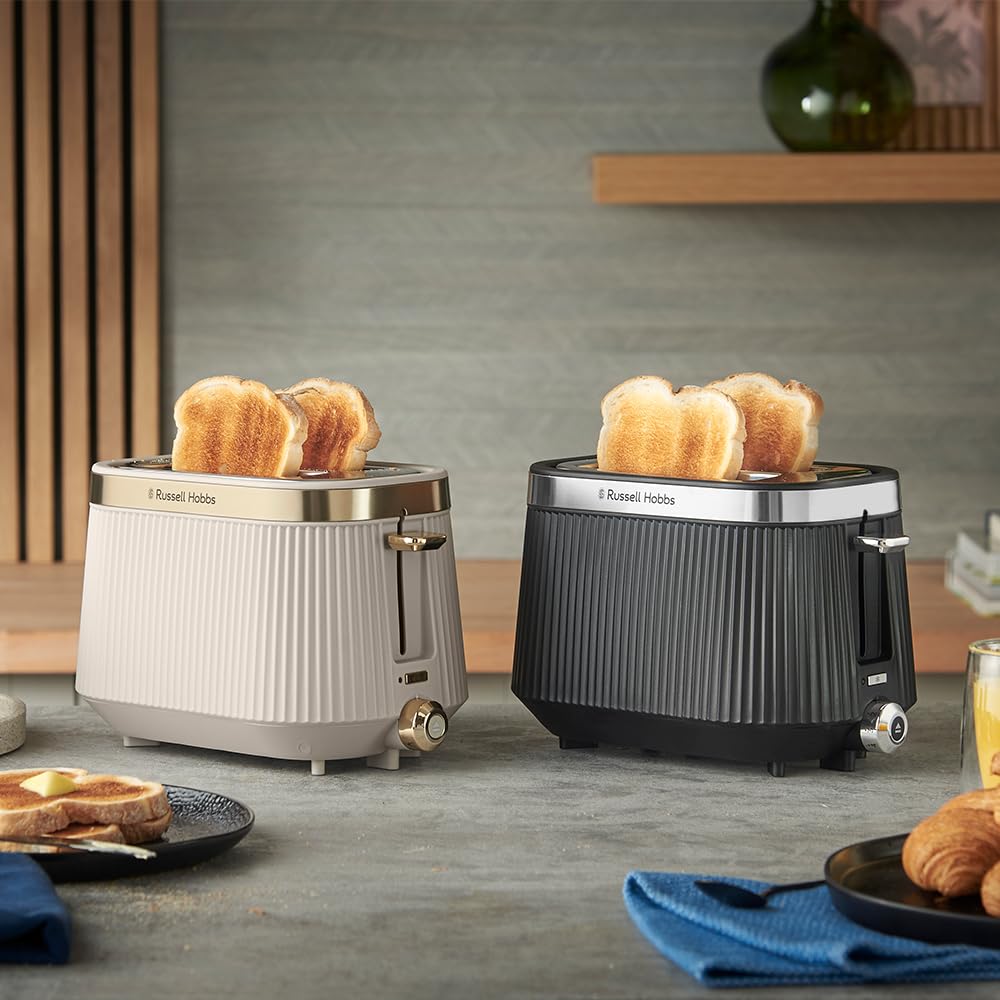 Russell Hobbs Grille pain [pour 2 tranches] Brontë Noir (6 réglages, finition mate, accents argentés, décongélation, réchauffage, surélévation, Lift & Look, support pour petits pains) 26760-56