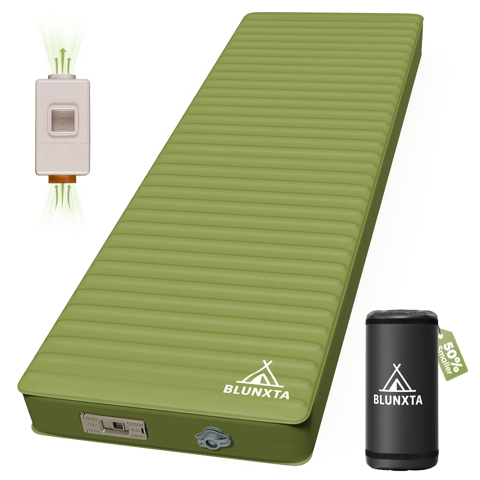 Self Inflating Sleeping Pad with Electric Pump, 4 Inch Ultra Thick Memory Foam Camping Sleeping Pad, Effortless Automatic Inflation, 9.5 R-Value Insulated Air Mattress for Car Travel, Green