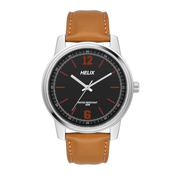 Helix by Timex Analog Watch for Man with Black Round Dial & Tan Leather Strap Band Water Resistant Men's Wrist Watches - TW046HG00