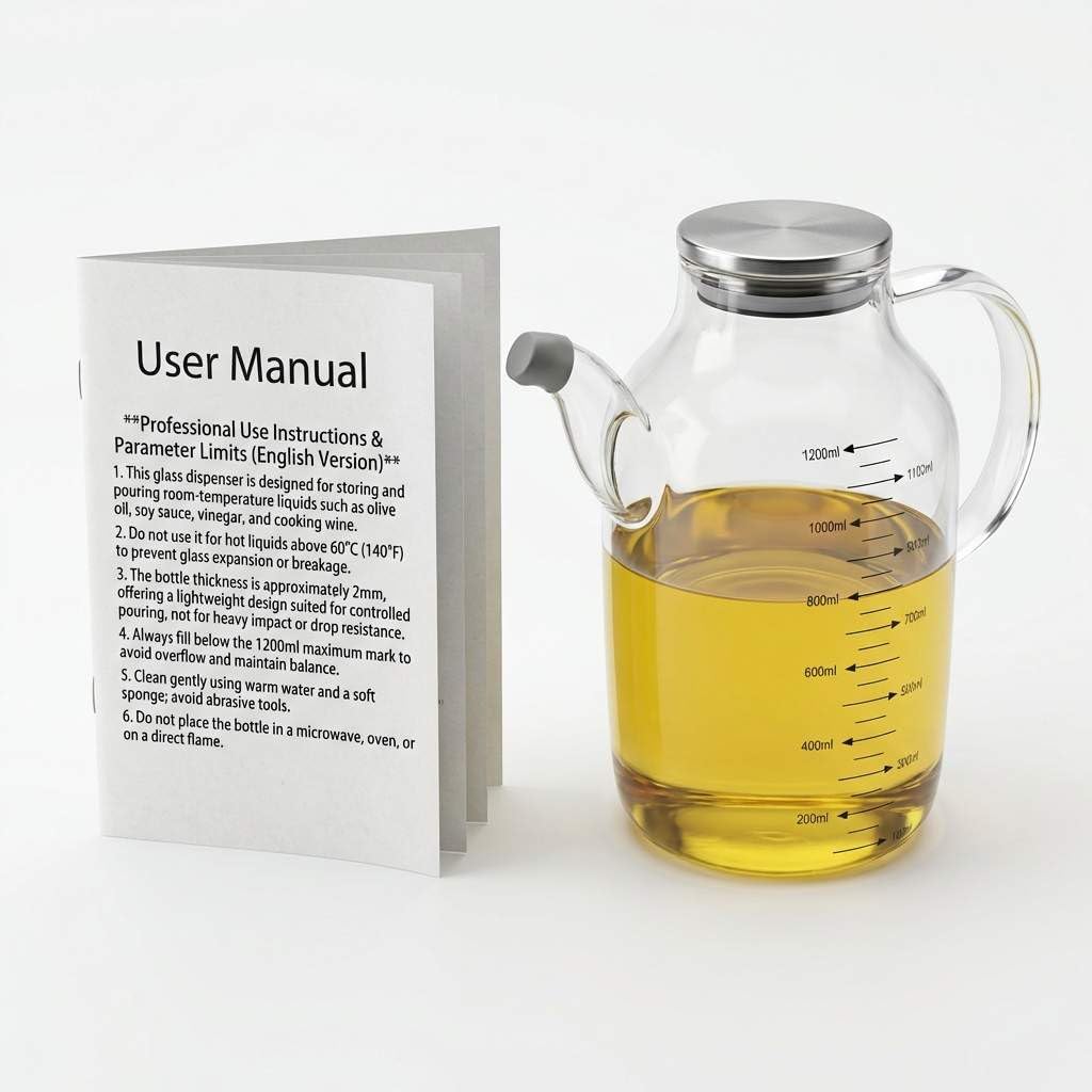 QWORK Botella grande de vidrio para aceite de cocina de 1200 ml, con tapa de acero inoxidable, dispensador de aceite y vinagre, para aceite de oliva, vinagre, salsa de soja, recipiente líquido sin
