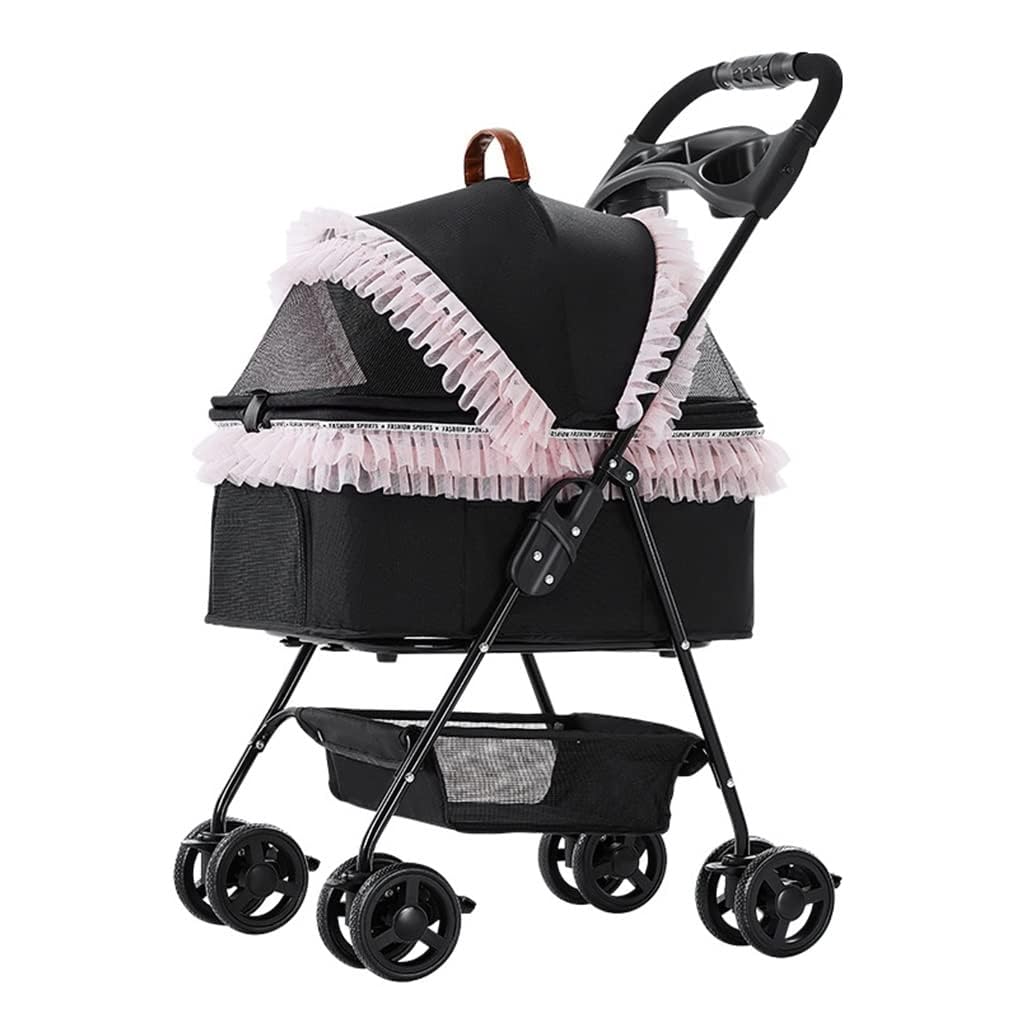 Pet Carrier Dog Strollers for Small Medium Dogs Pet Dog Stroller for Cats with Lace Foldable and Detachable Dog Cat Pram Pet Strollers Pet Gear 4 Wheel(Color:Pink)